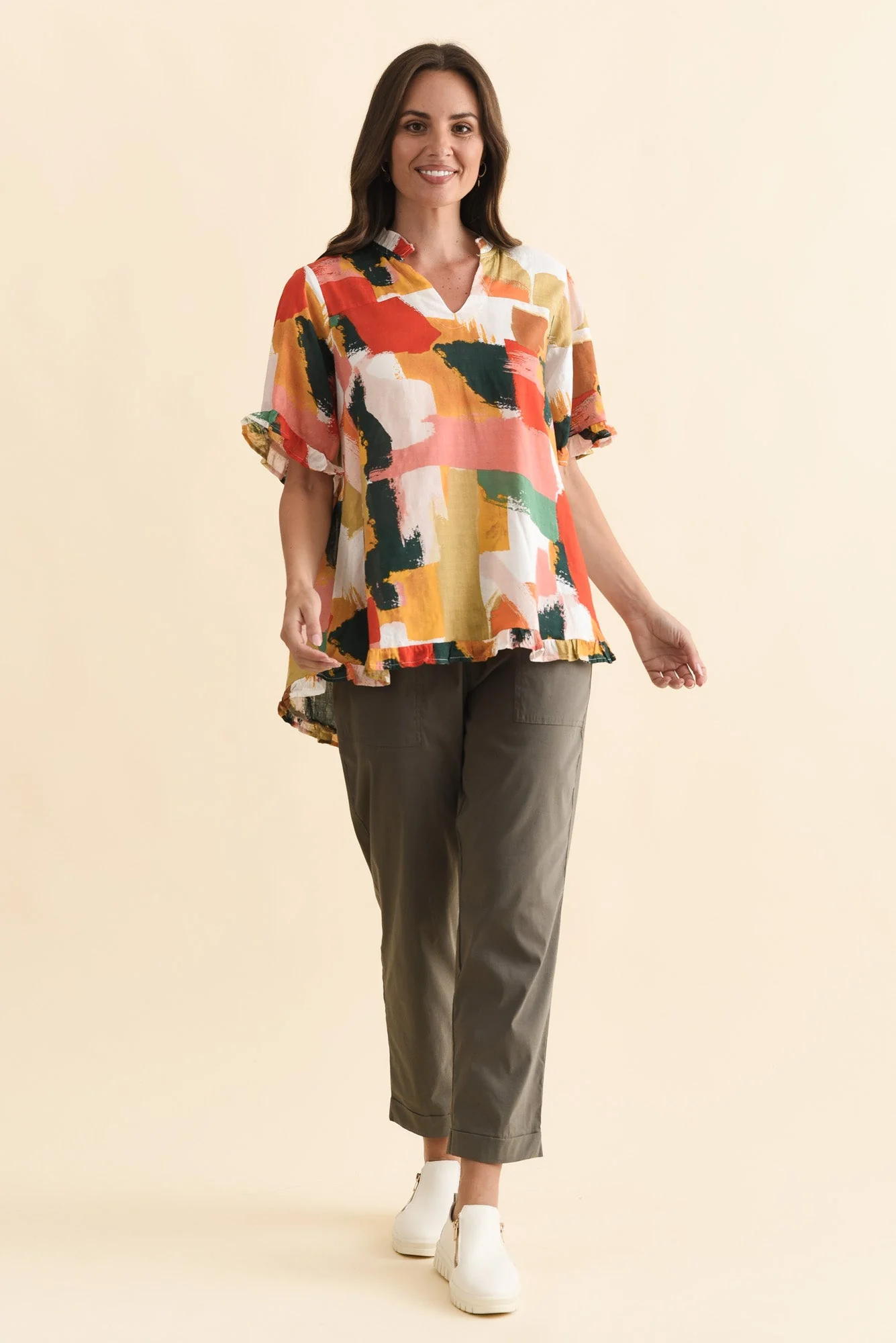 Calm Pink Abstract Ruffle Top - Image 6