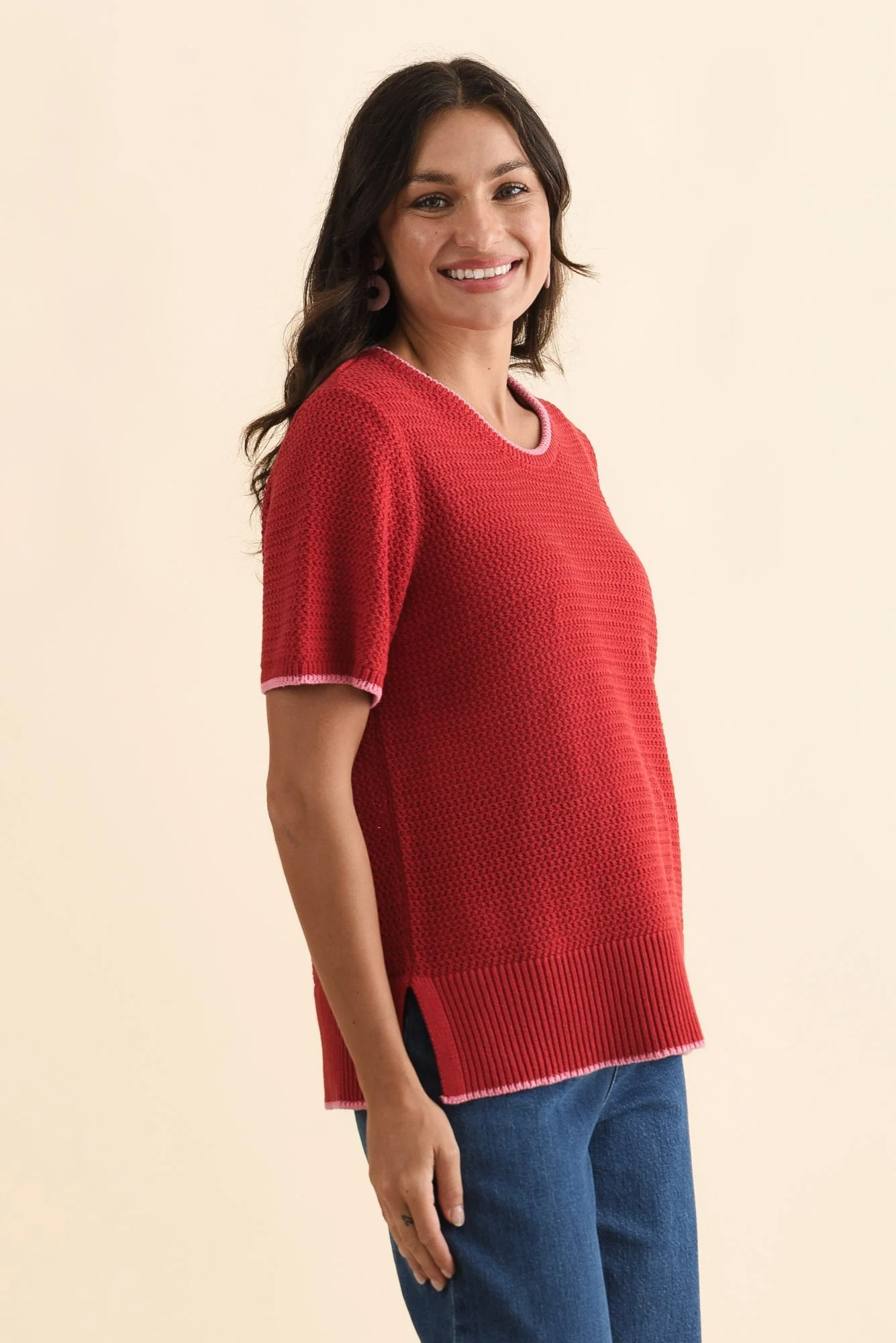 Camellia Red Cotton Knit Tee - Image 3