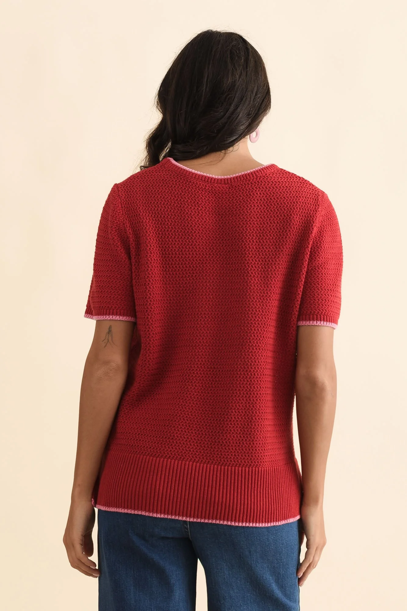 Camellia Red Cotton Knit Tee - Image 4