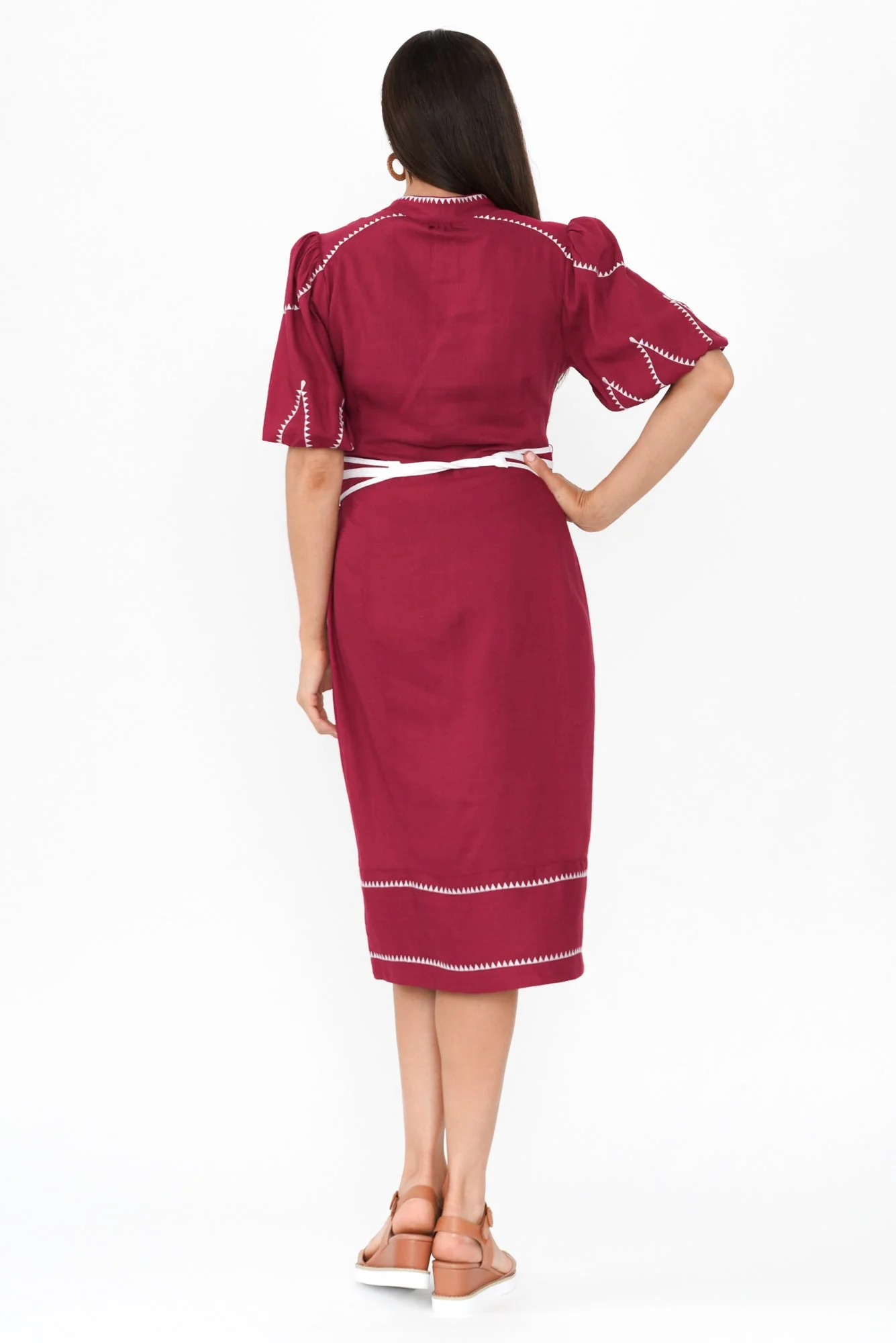 Carlyle Crimson Embroidered Linen Blend Dress - Image 5