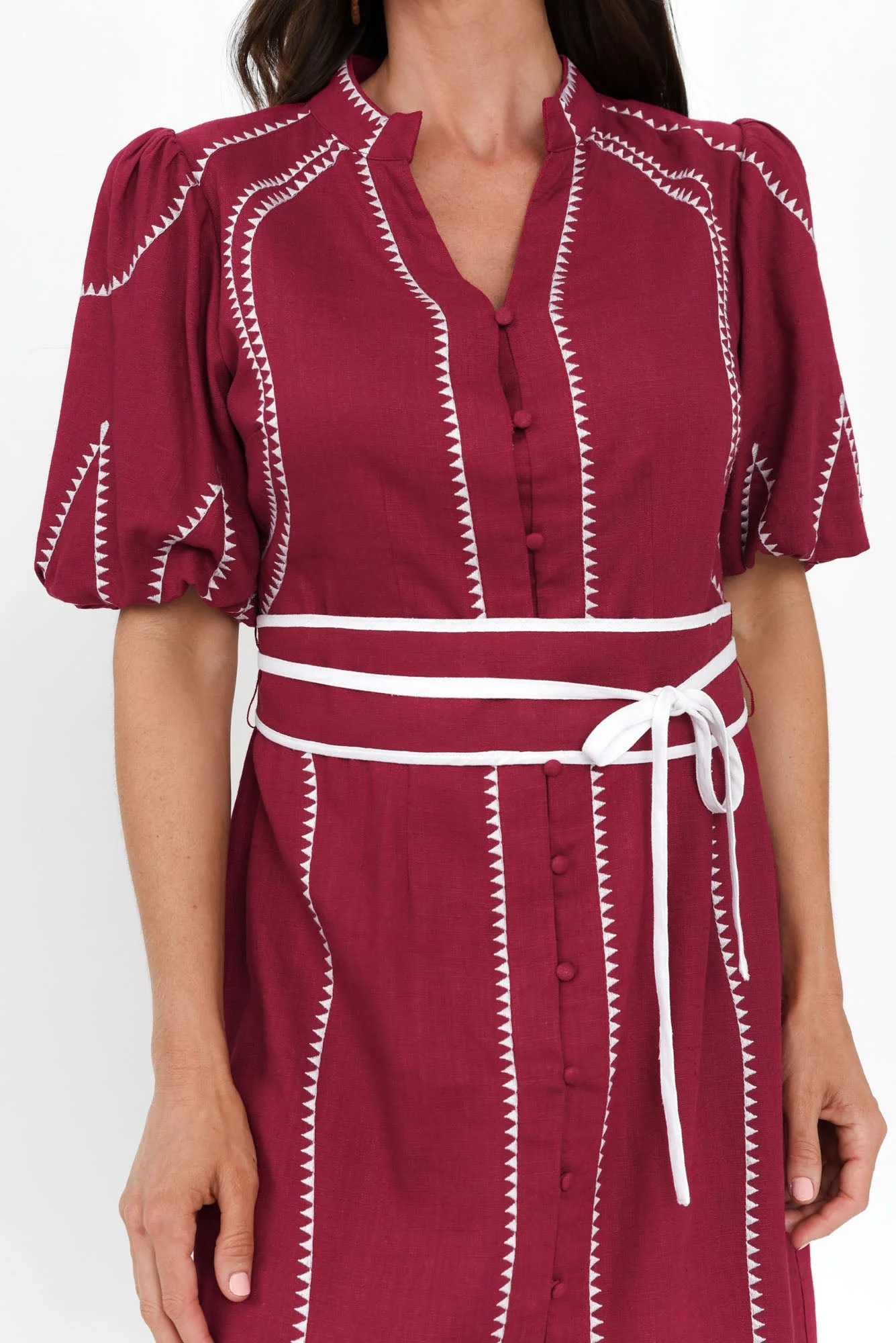 Carlyle Crimson Embroidered Linen Blend Dress - Image 6