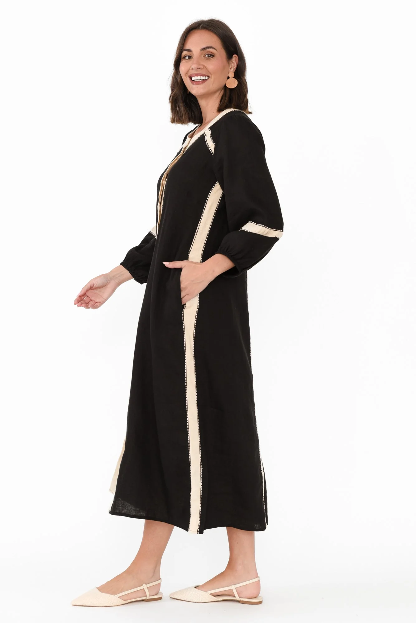 Carolina Black Contrast Linen Tie Dress - Image 3