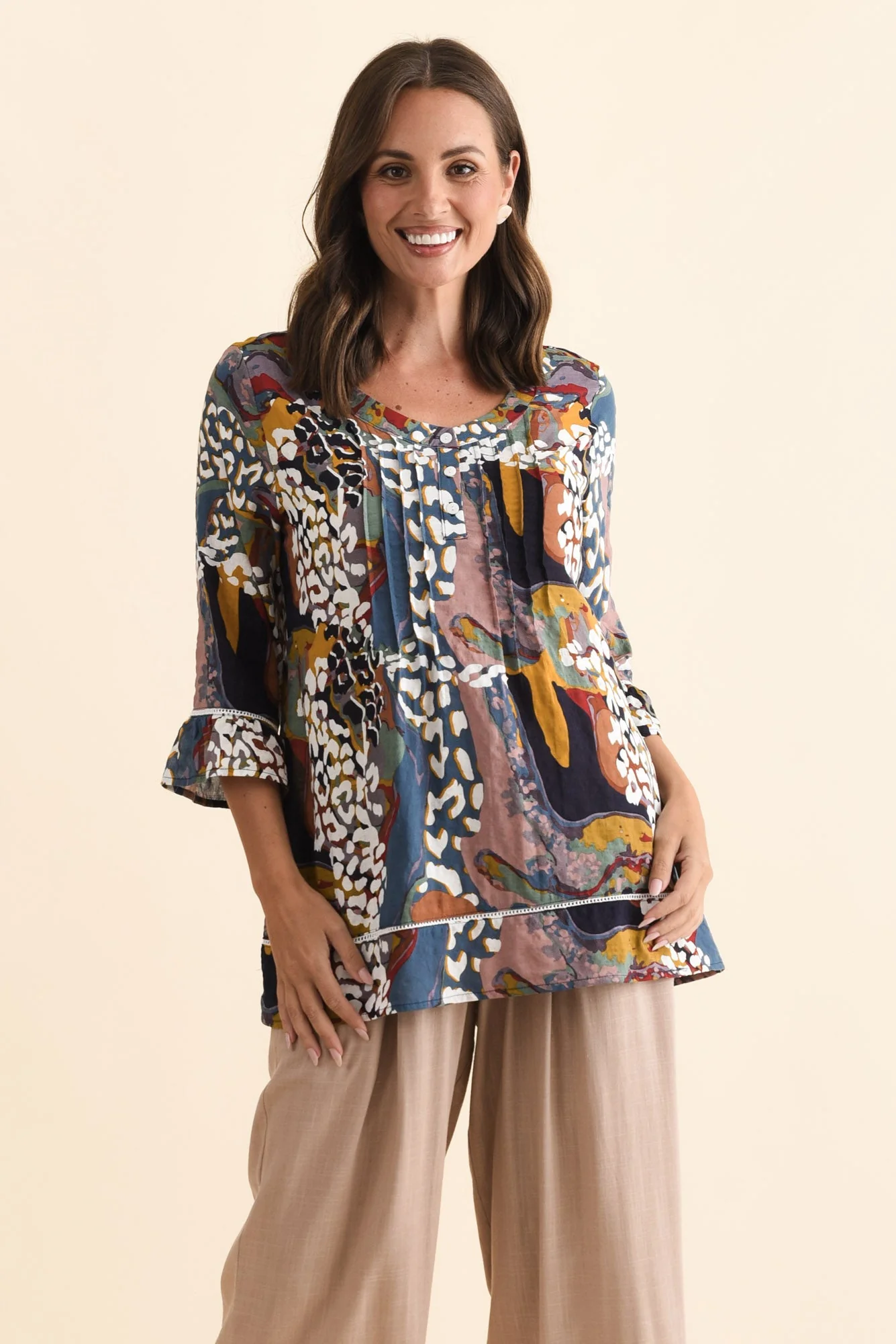 Cassidy Brown Abstract Cotton Sleeved Top