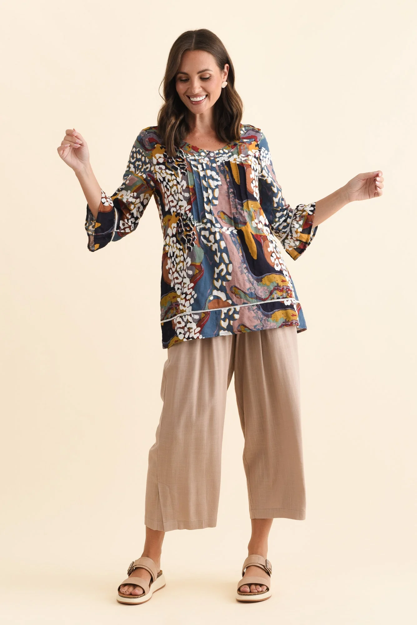 Cassidy Brown Abstract Cotton Sleeved Top - Image 6