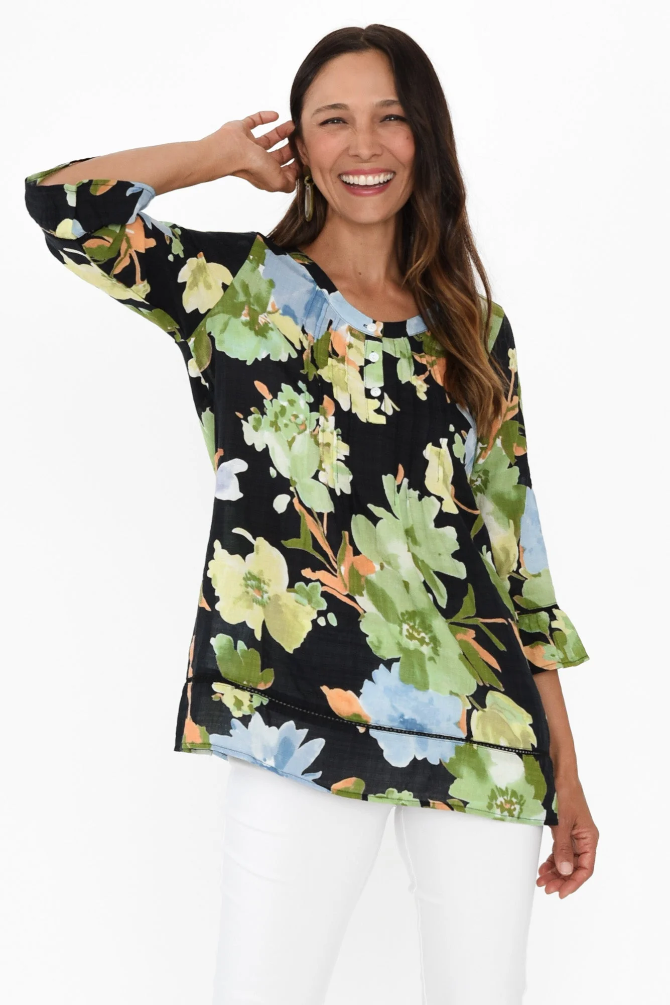 Cassidy Navy Flower Cotton Sleeved Top
