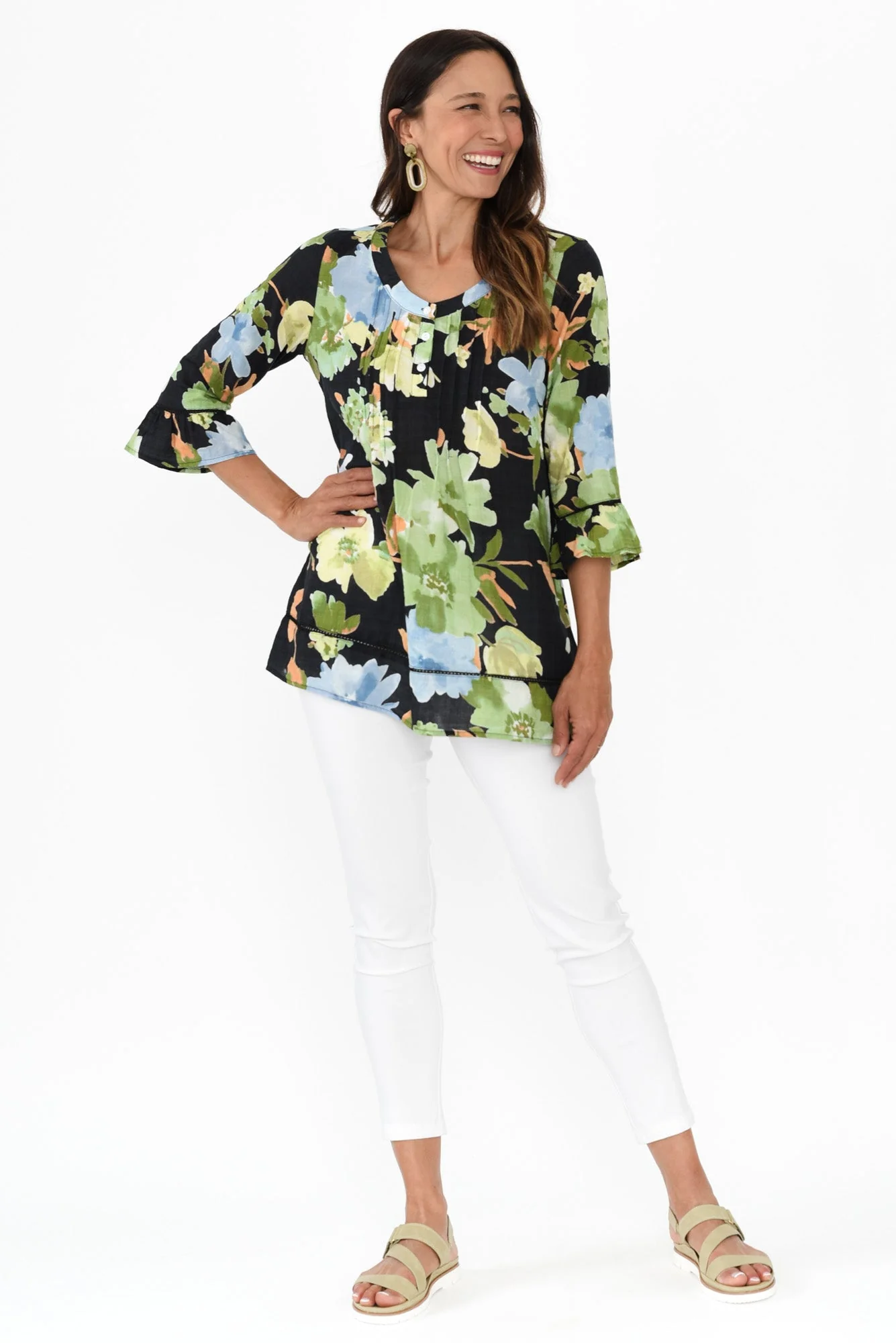 Cassidy Navy Flower Cotton Sleeved Top - Image 2