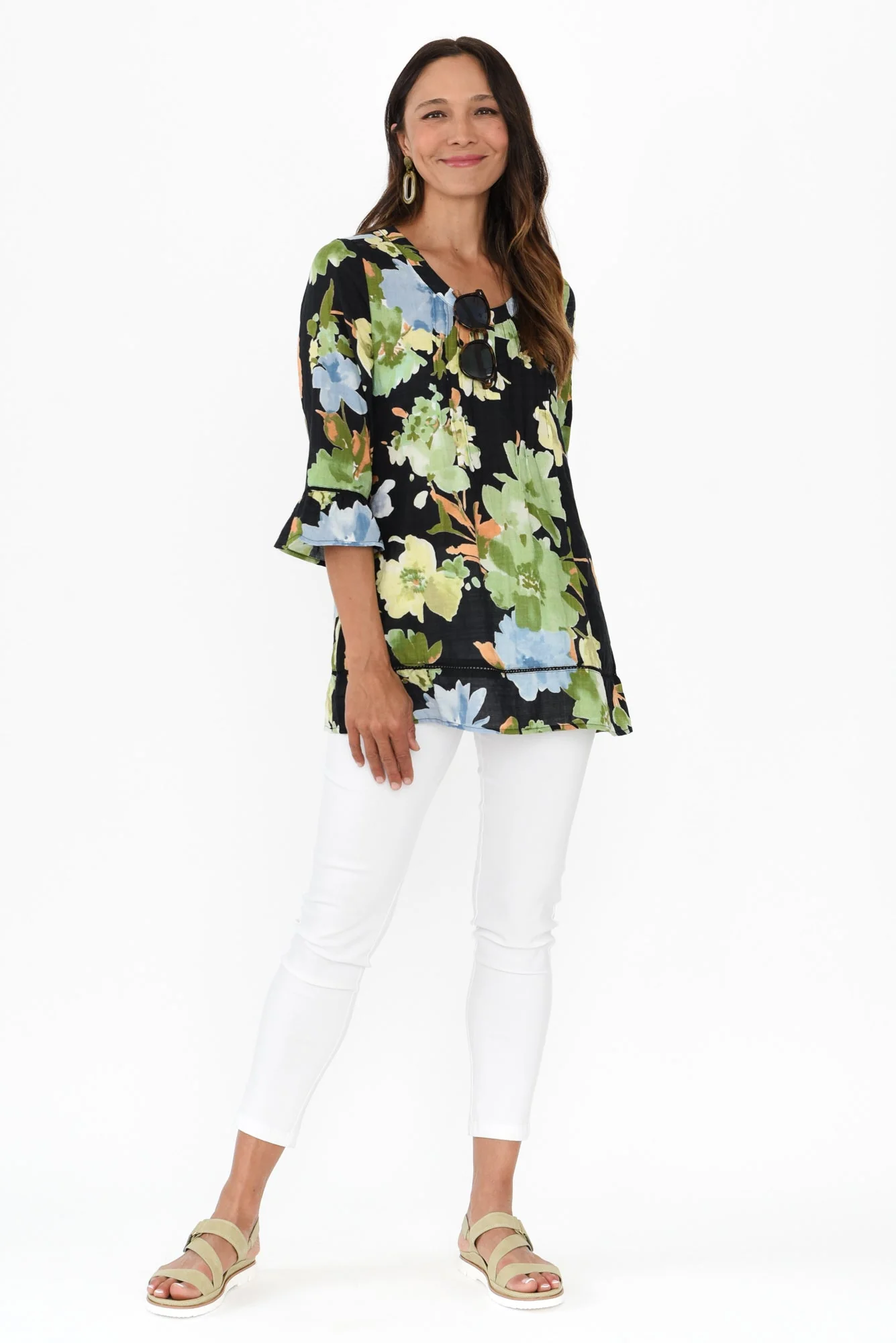 Cassidy Navy Flower Cotton Sleeved Top - Image 6
