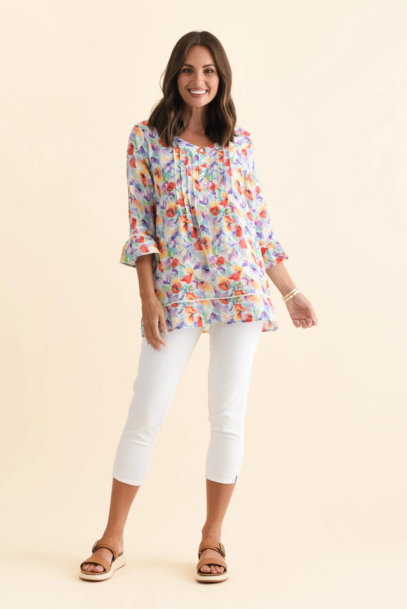 Cassidy Orange Flower Cotton Sleeved Top - Image 2