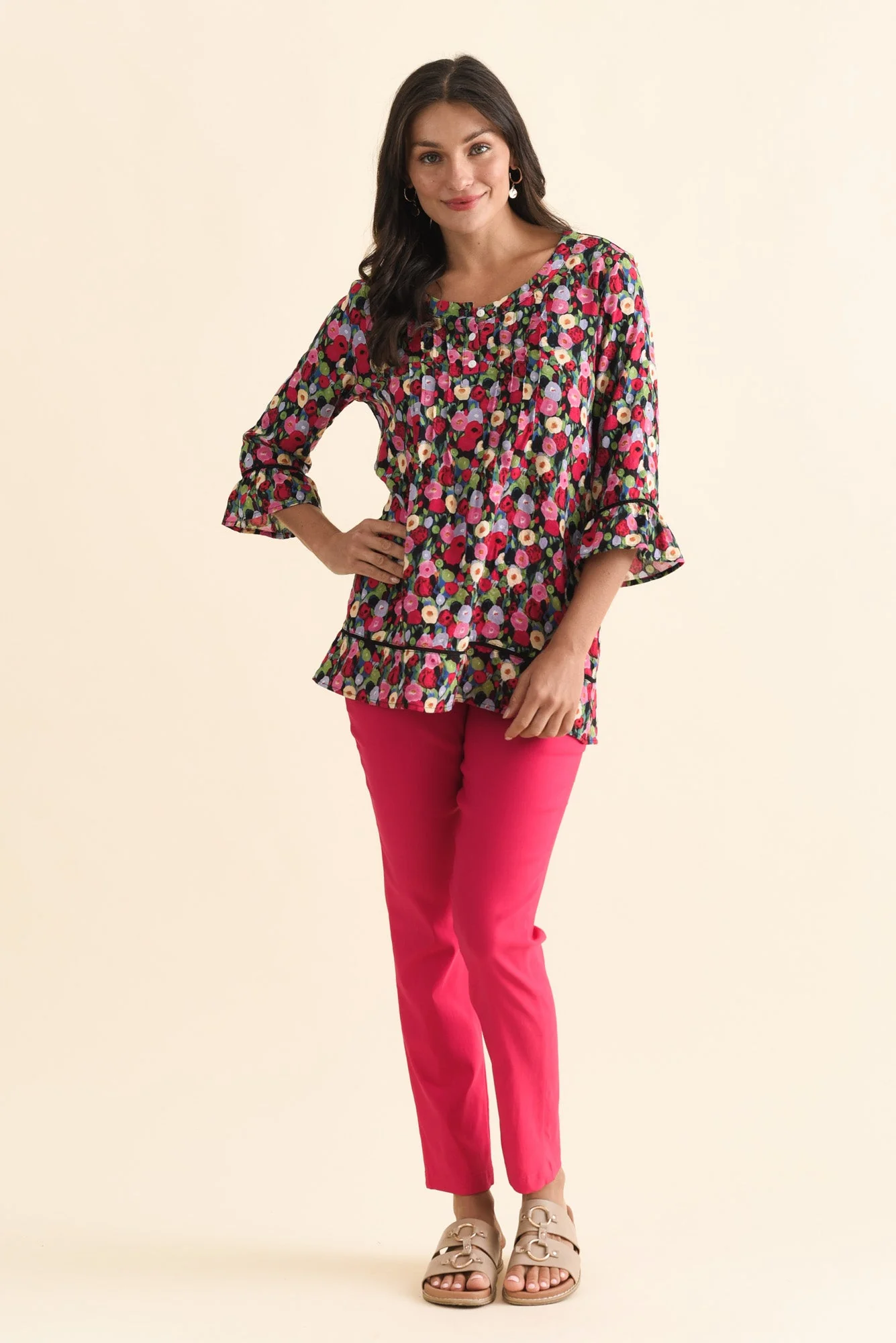 Cassidy Pink Poppy Cotton Sleeved Top - Image 2