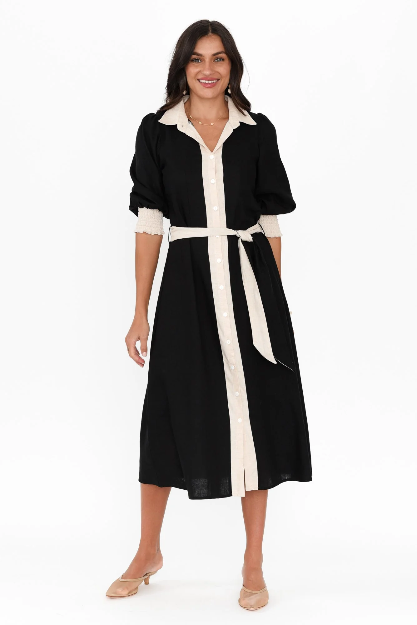 Catalina Black Trim Linen Blend Tie Dress - Image 3