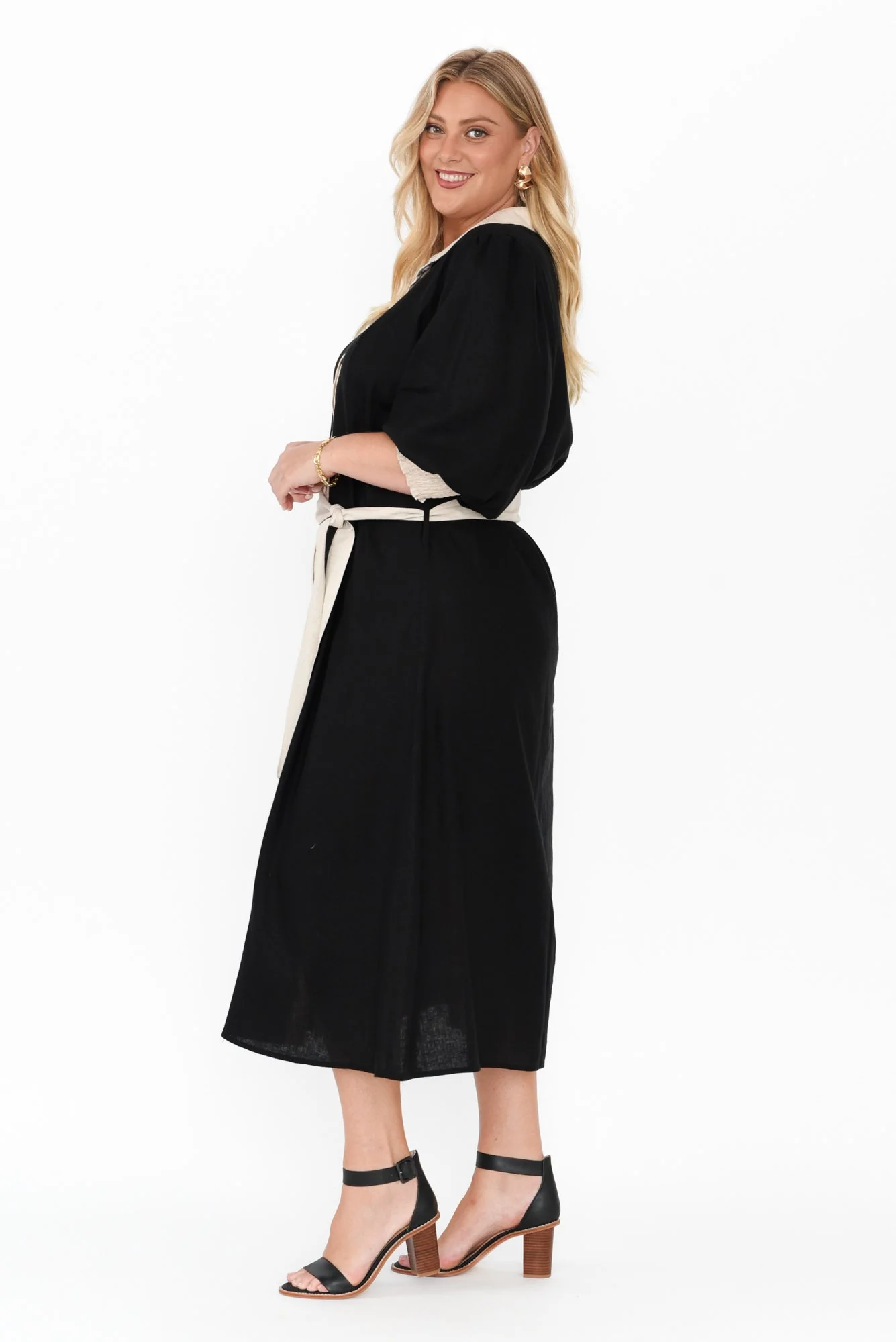 Catalina Black Trim Linen Blend Tie Dress - Image 9