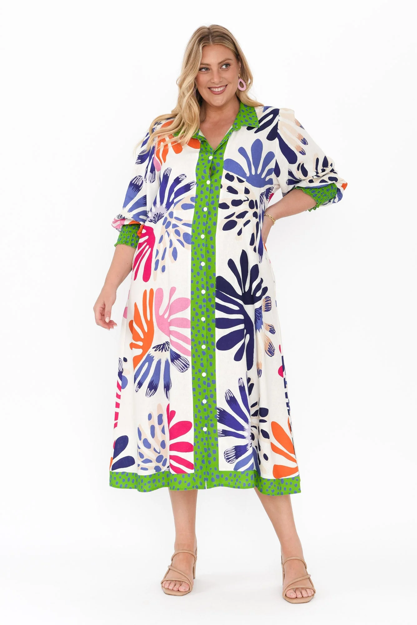 Catalina Cream Abstract Linen Blend Tie Dress - Image 11