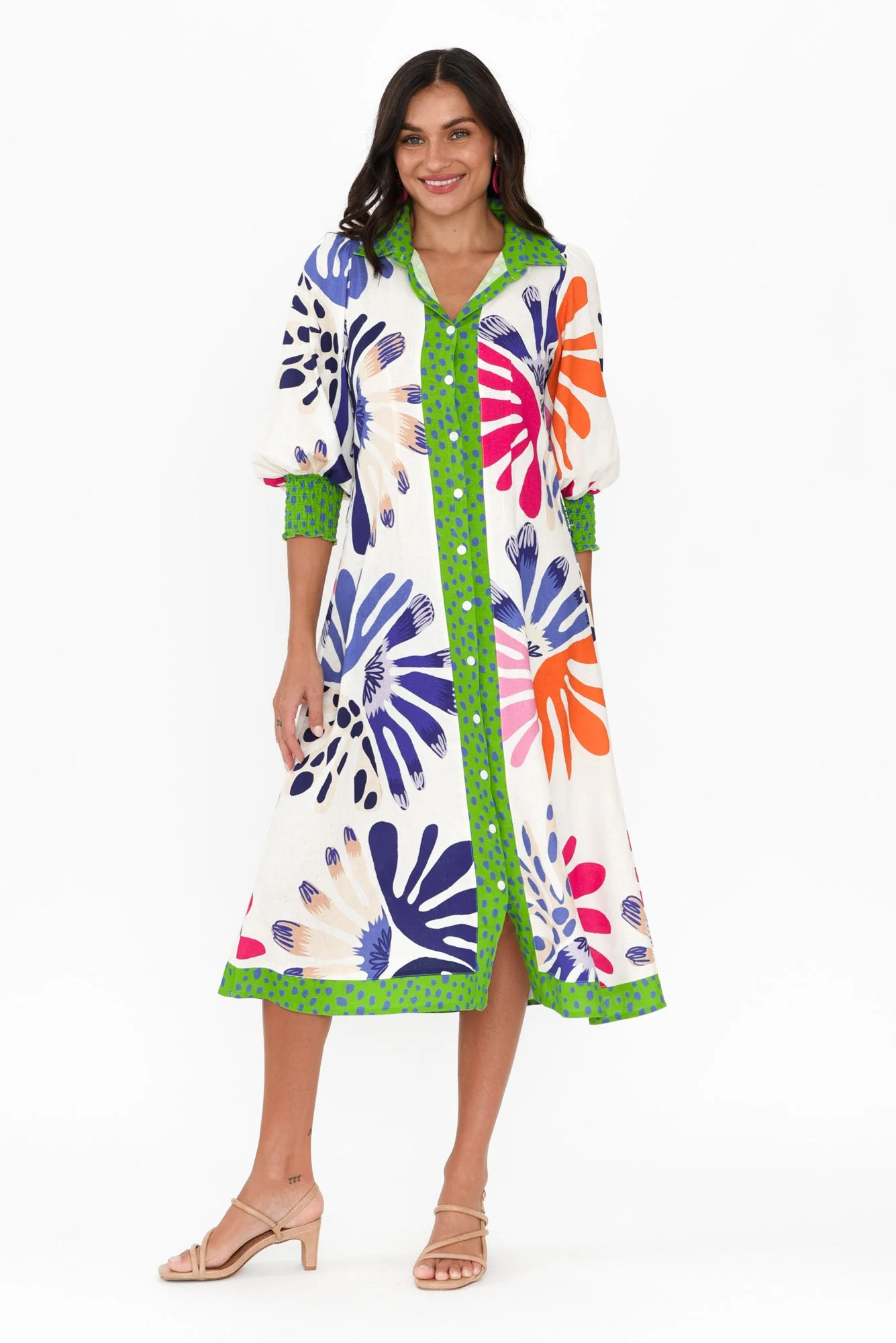 Catalina Cream Abstract Linen Blend Tie Dress - Image 3