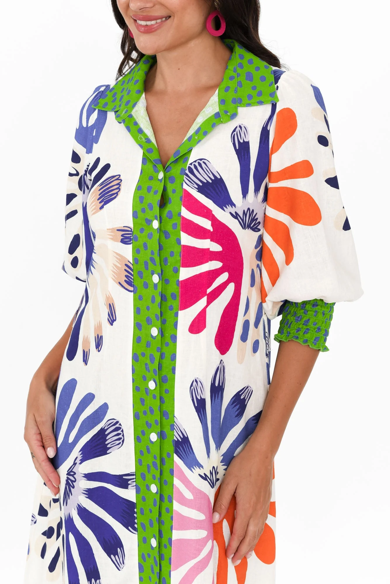 Catalina Cream Abstract Linen Blend Tie Dress - Image 6