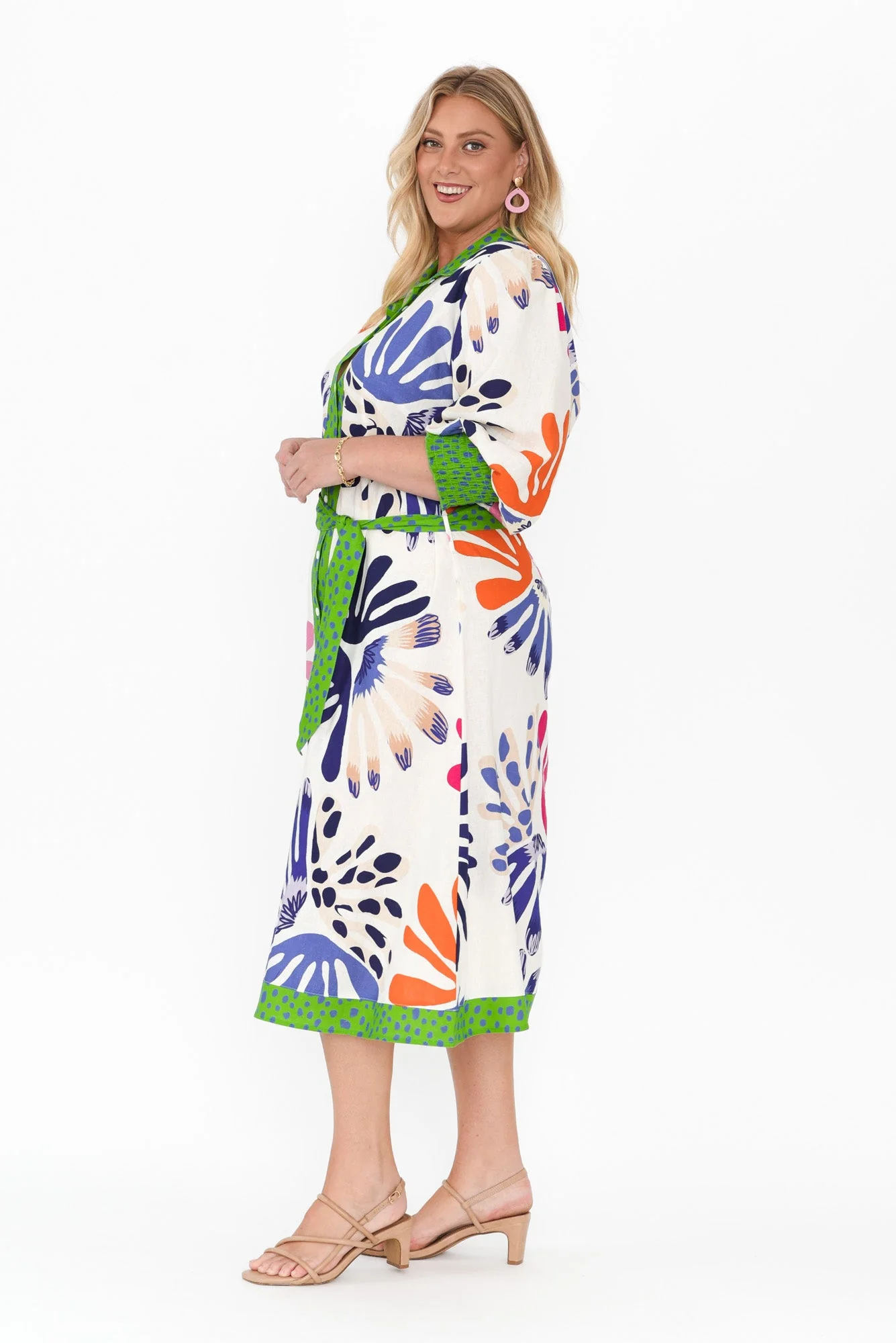 Catalina Cream Abstract Linen Blend Tie Dress - Image 9