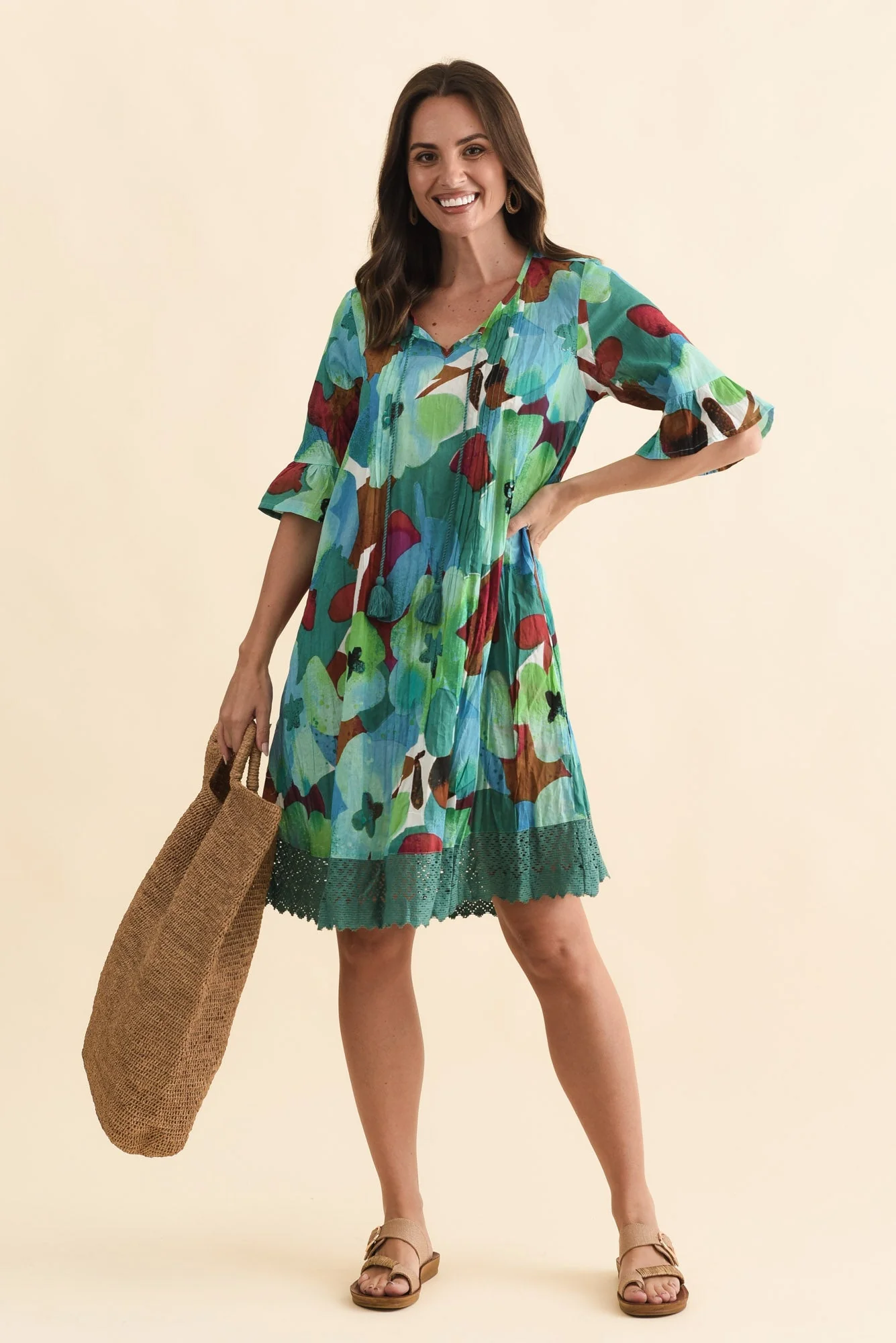 Cayman Teal Flower Cotton Tunic Dress