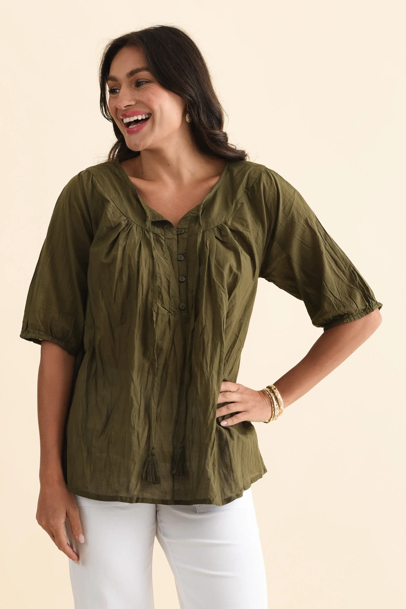 Claris Khaki Crinkle Cotton Top