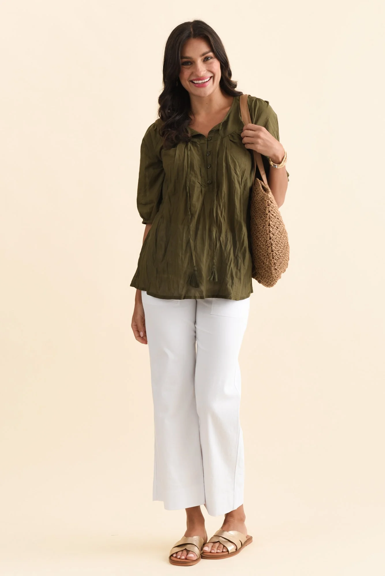 Claris Khaki Crinkle Cotton Top - Image 2