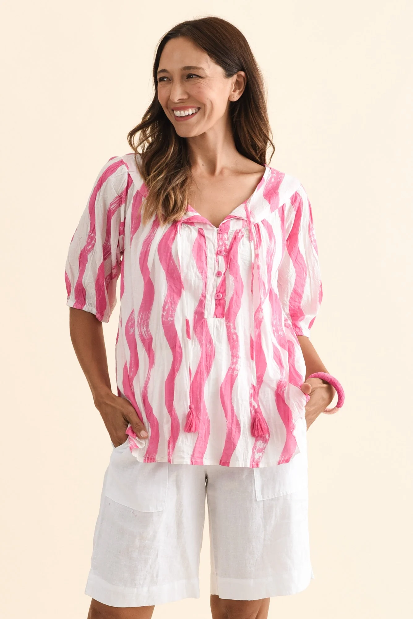 Claris Pink Stripe Crinkle Cotton Top