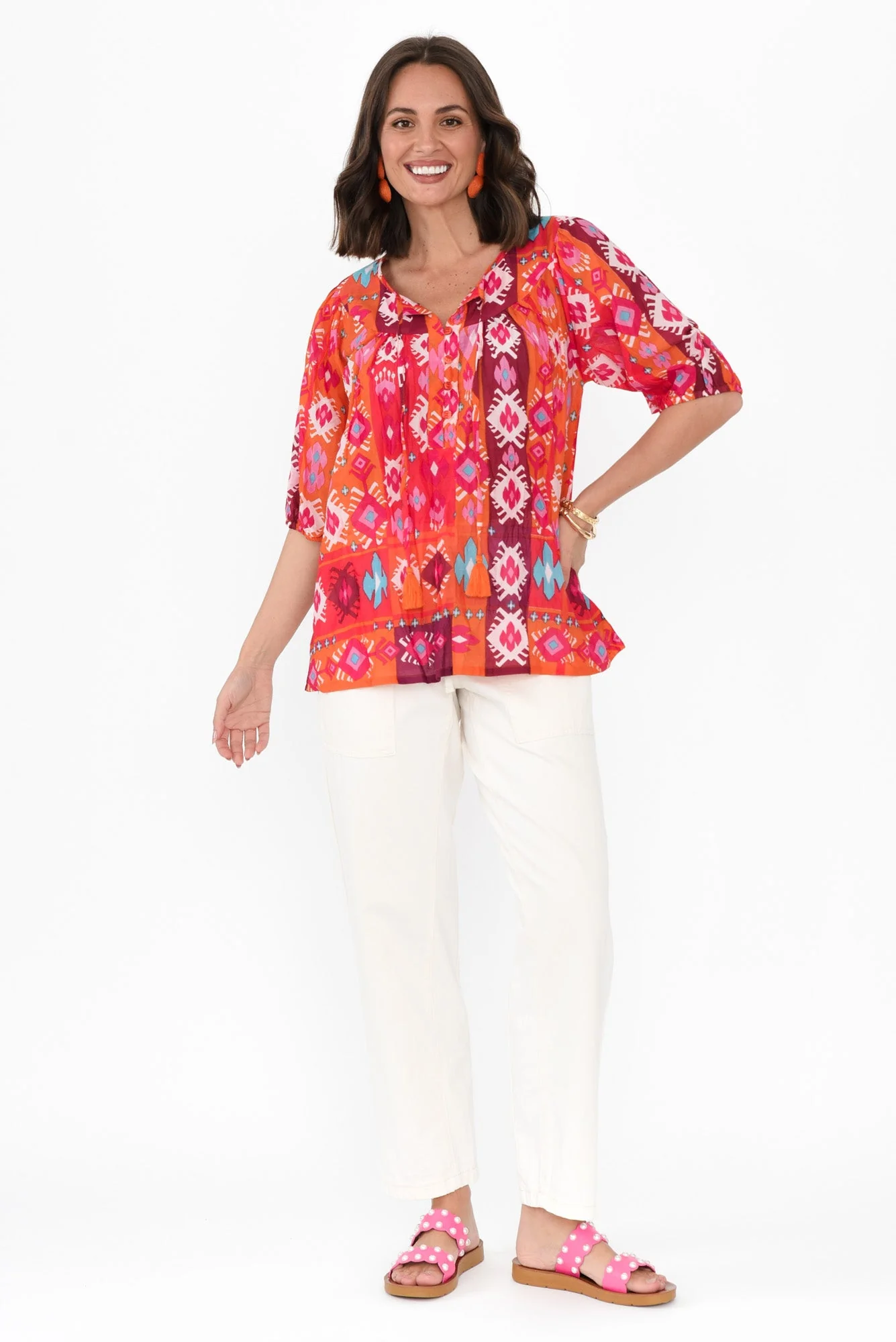 Claris Red Geo Crinkle Cotton Top - Image 2