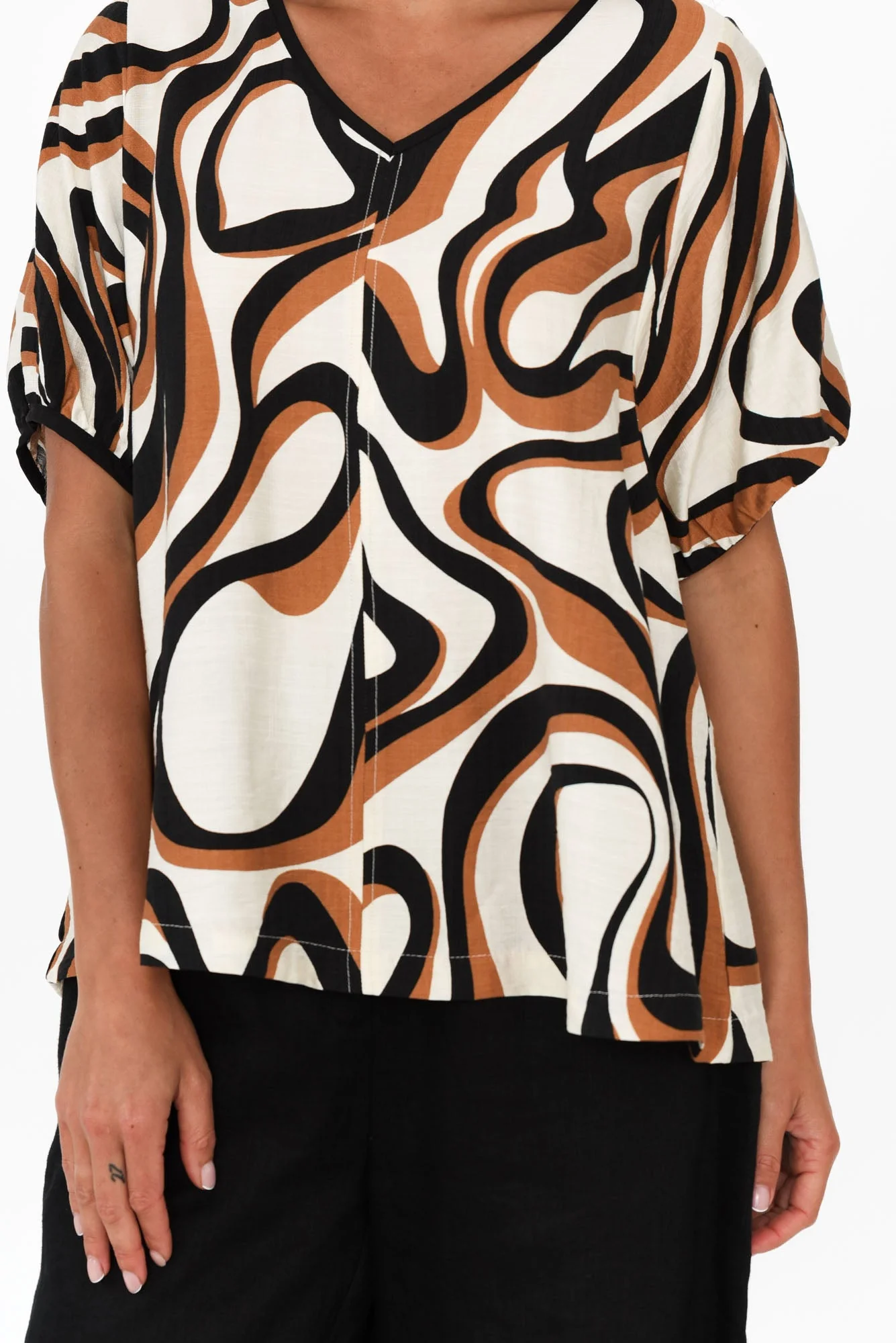 Cleo Brown Swirl V Neck Top - Image 5