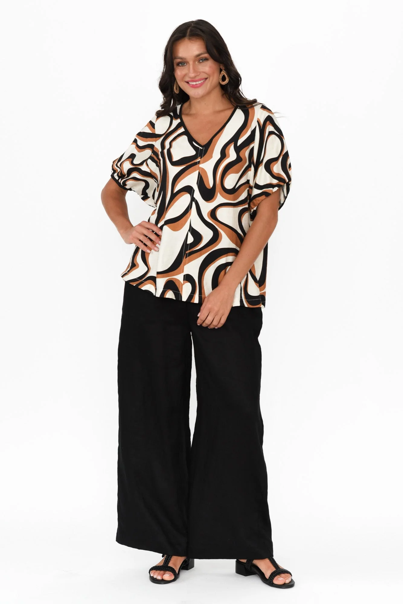 Cleo Brown Swirl V Neck Top - Image 6