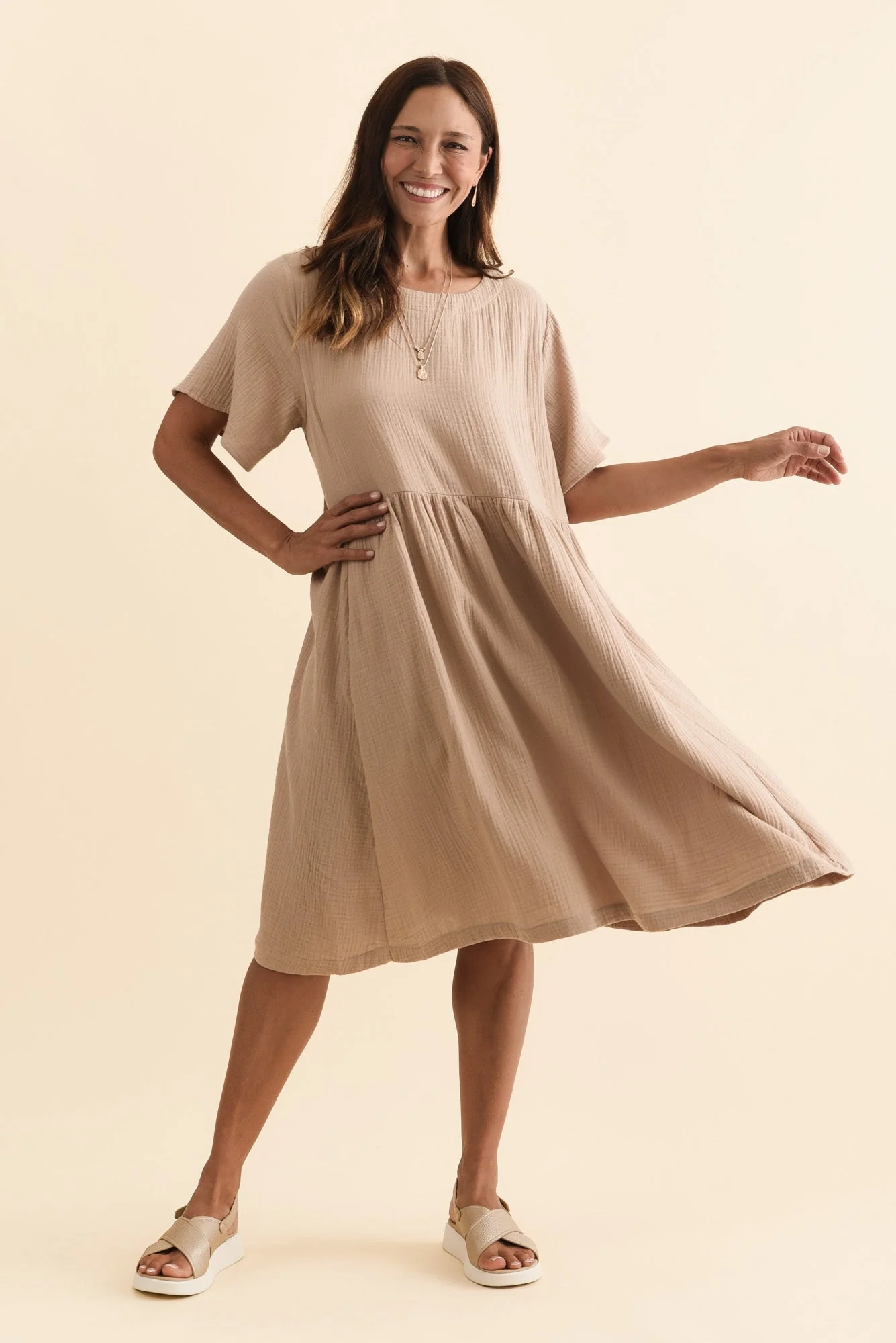 Cloud Gauze Beige Cotton Pocket Dress - Image 7