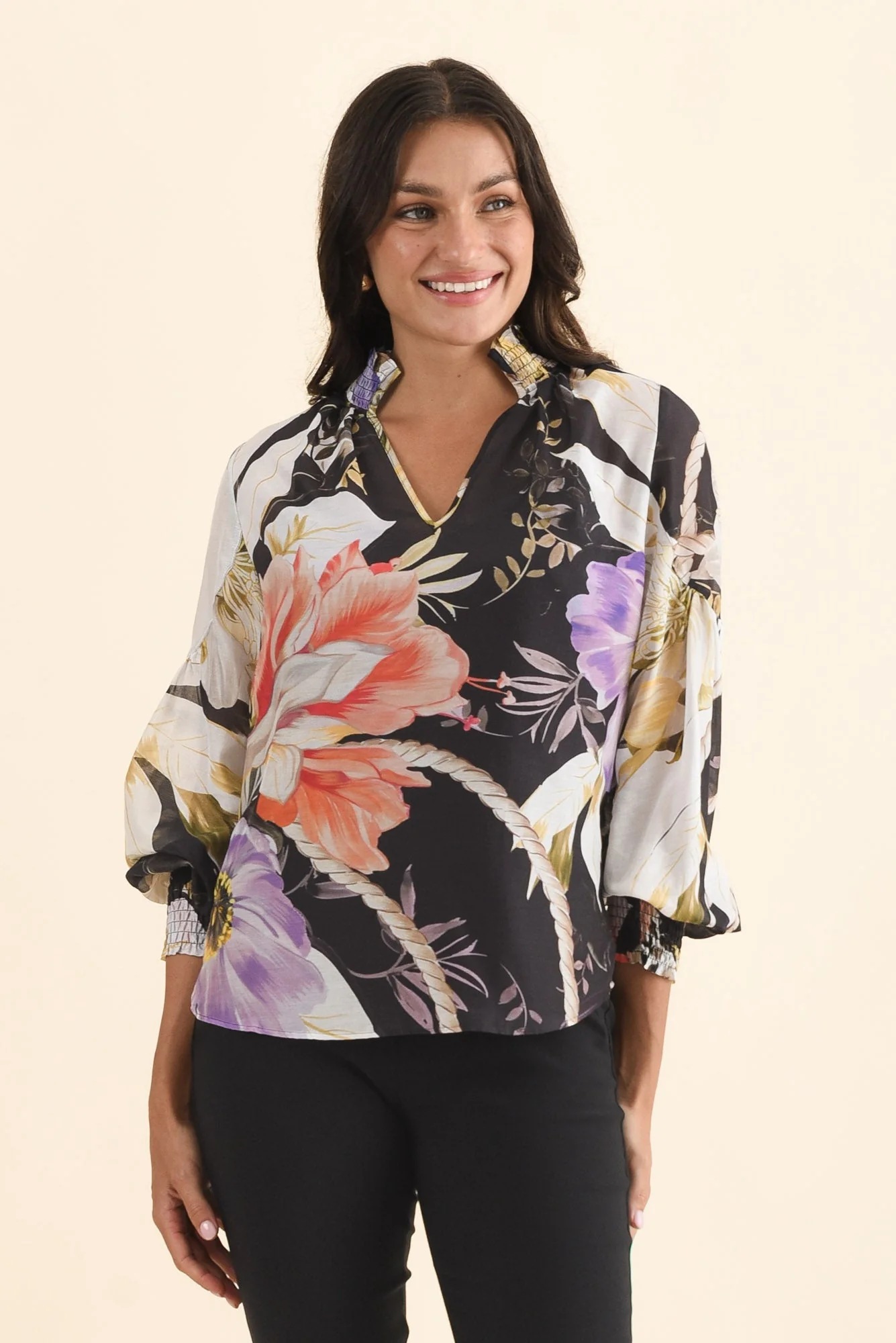 Colette Black Floral Cotton Silk Blouse