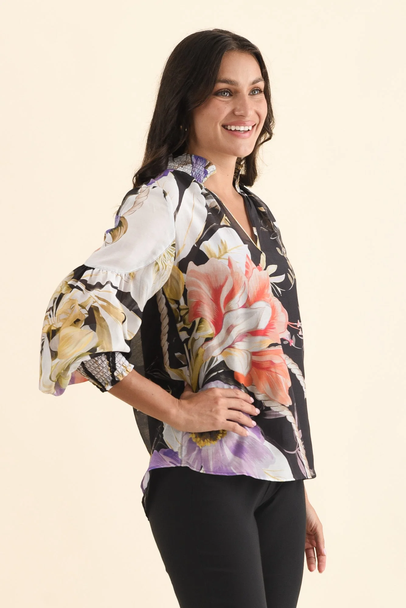 Colette Black Floral Cotton Silk Blouse - Image 3