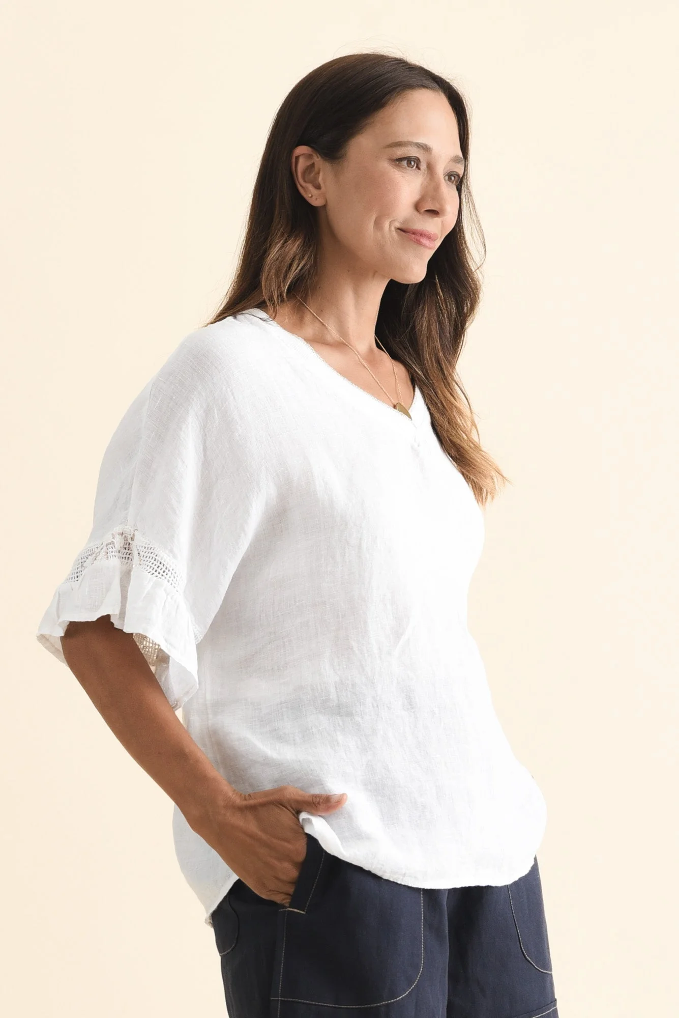 Corina White Linen V Neck Top - Image 3