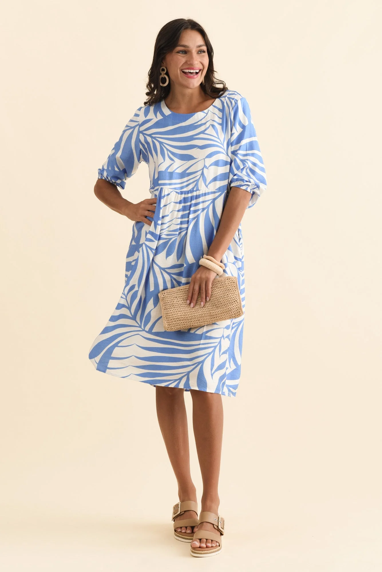Cyrus Blue Palm Cotton Blend Dress