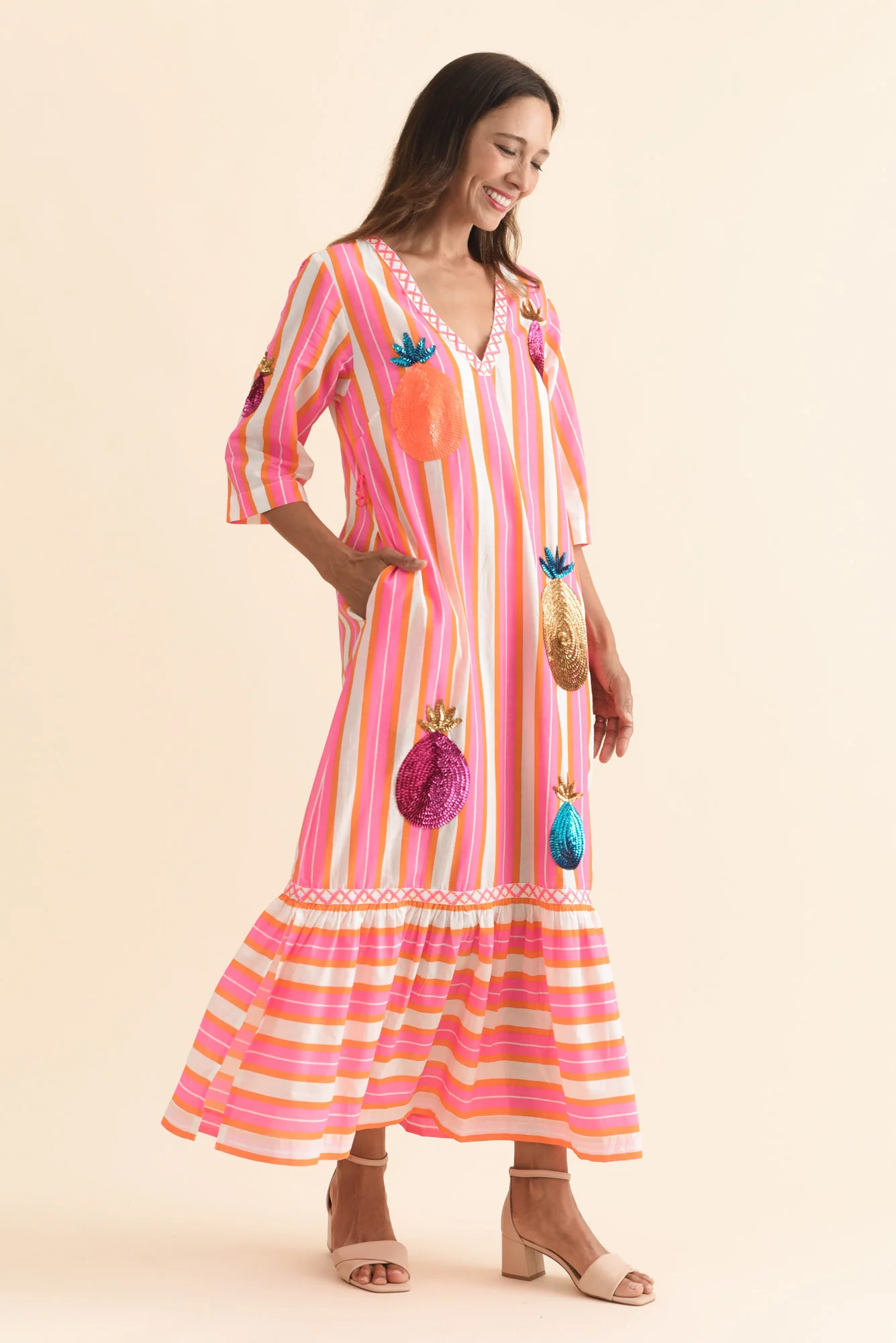 Dakota Pink Pineapple Sequin Cotton Dress - Image 3
