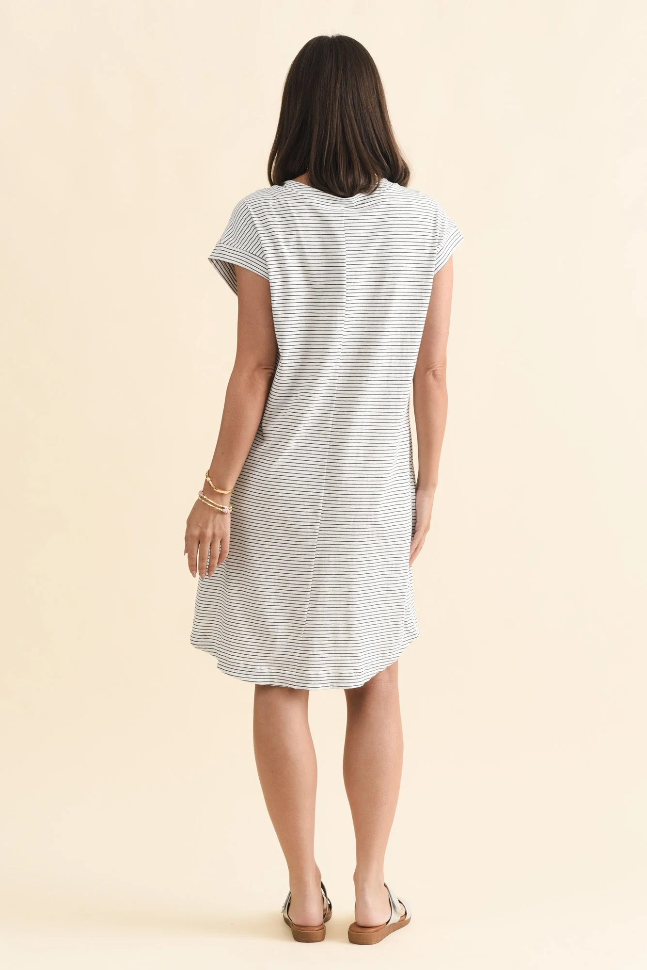 Daphne Black Stripe Cotton V Neck Dress - Image 4