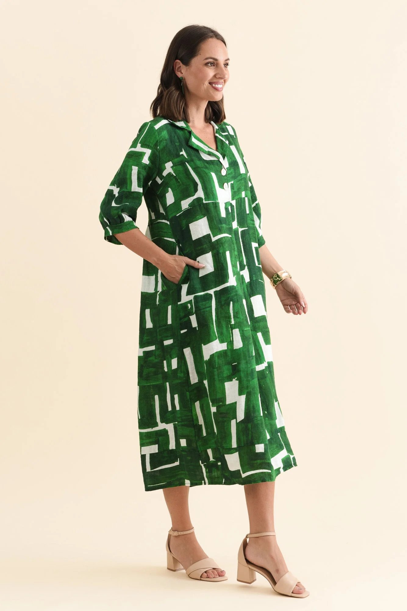 Daria Green Geo Linen Collared Dress - Image 4