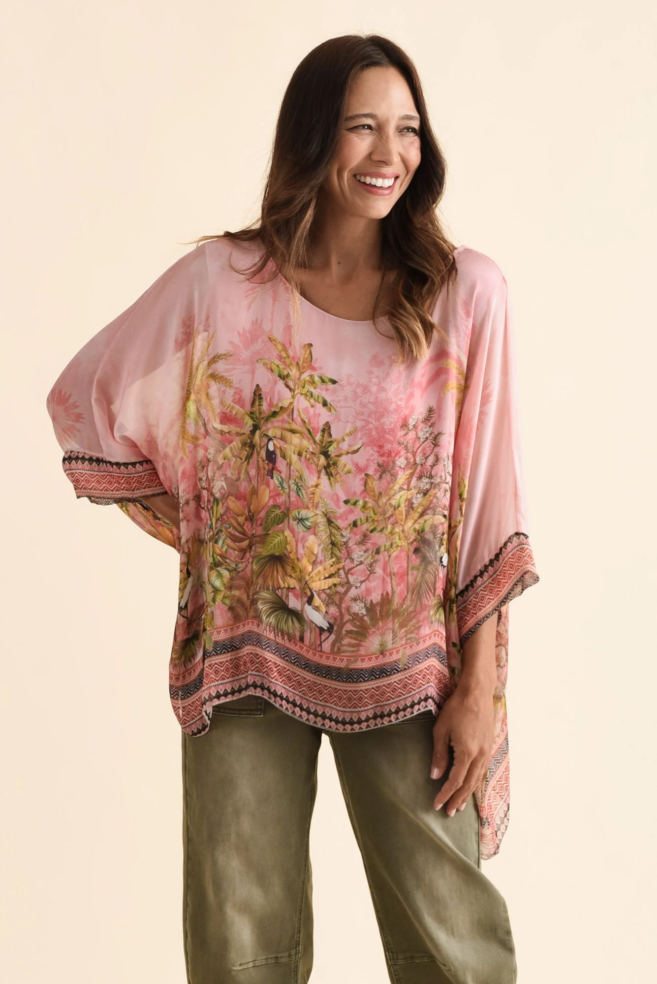Dawn Pink Tropical Silk Overlay Top