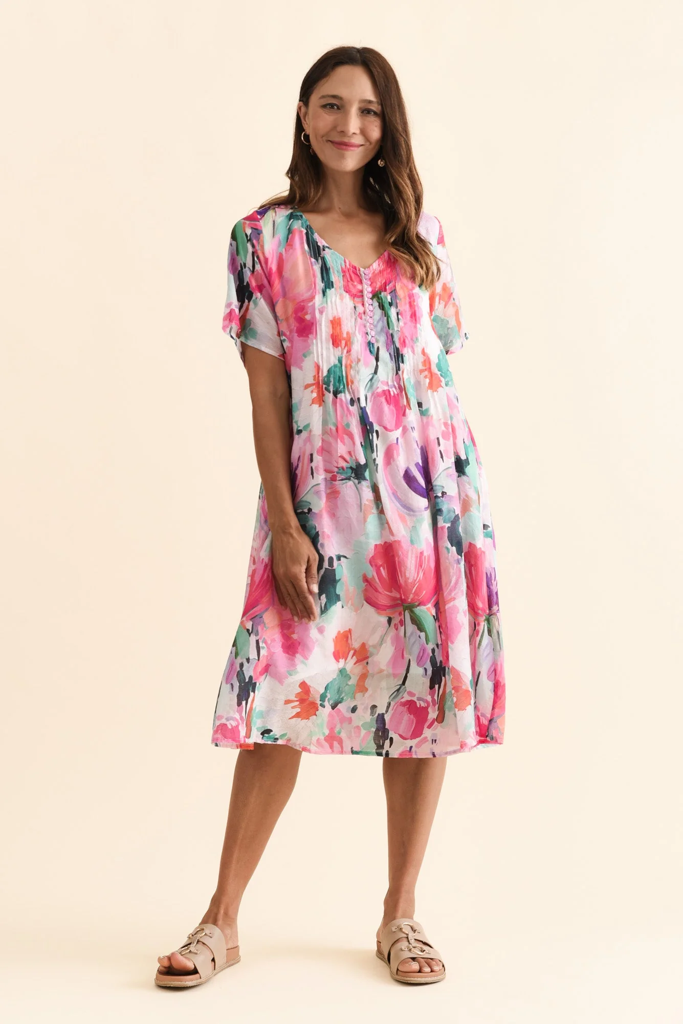 Debbie Pink Floral Pleated Dress - Image 7