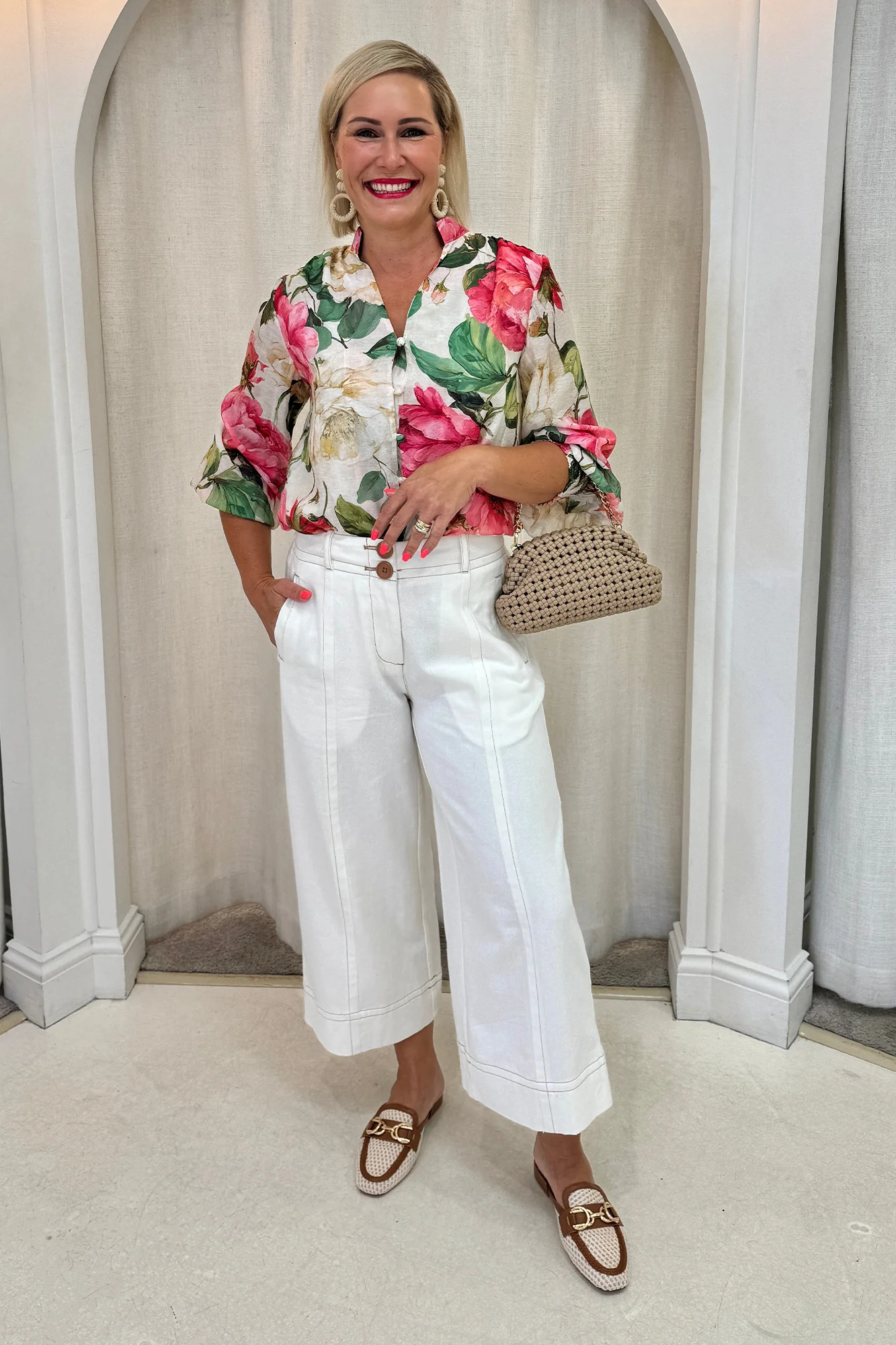 Delaney Cream Botanical Puff Sleeve Blouse - Image 6
