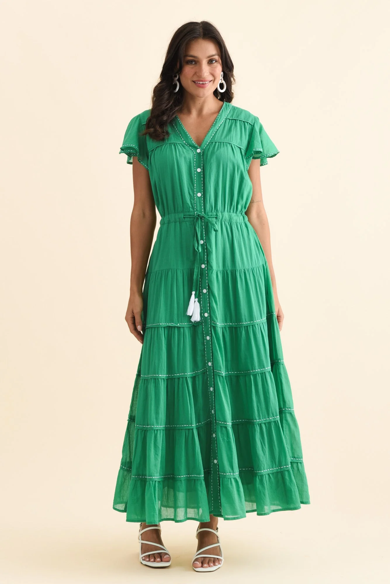 Delilah Green Cotton Tier Dress