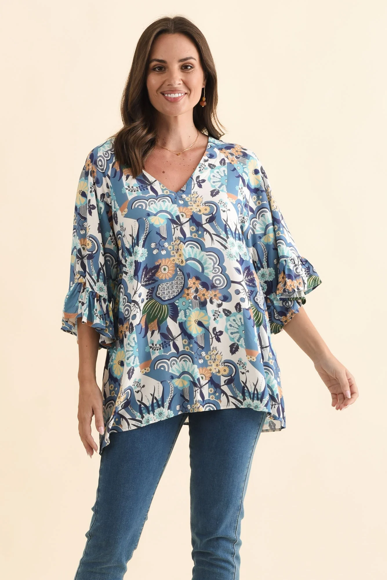 Diona Blue Floral Frill Sleeve Top