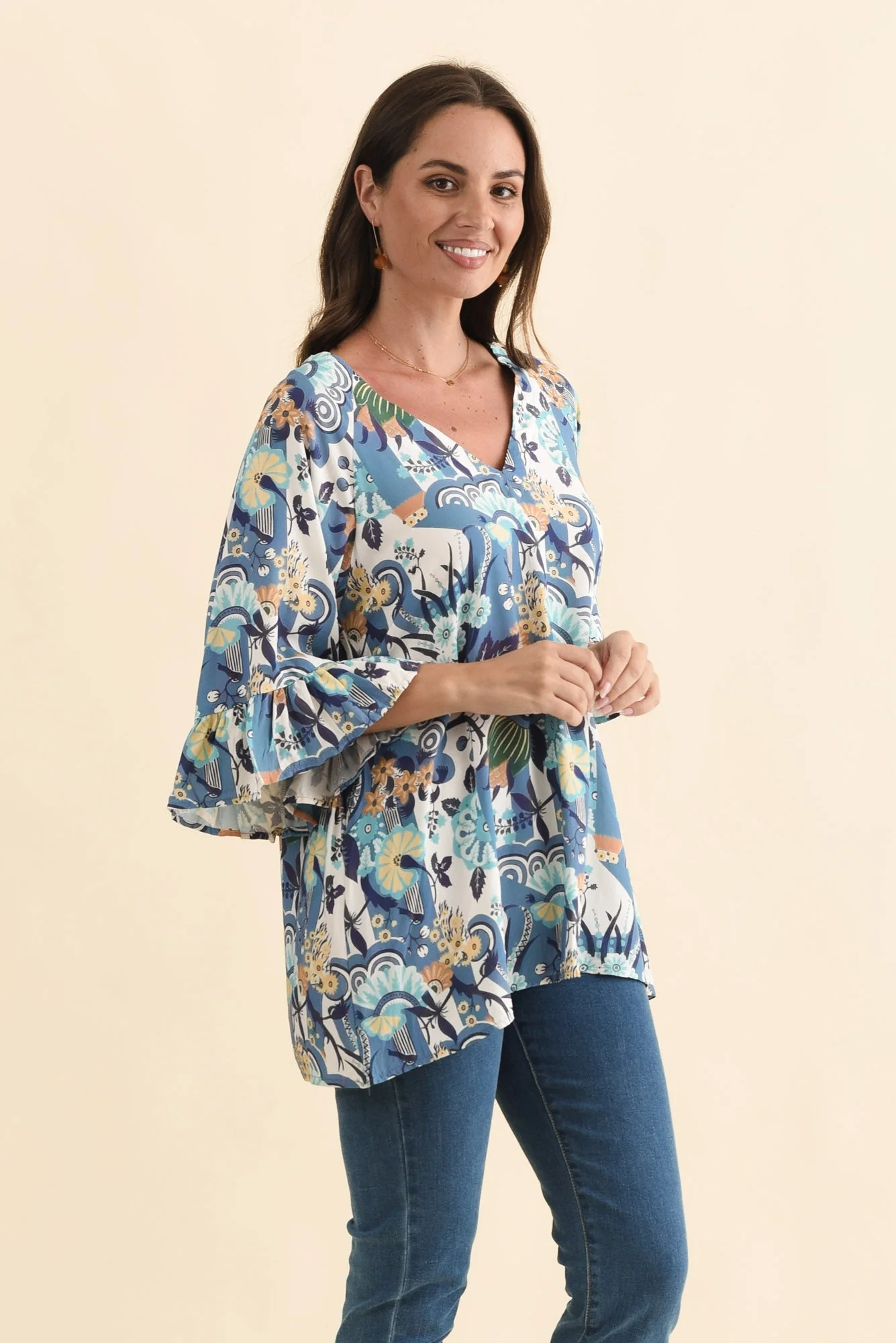 Diona Blue Floral Frill Sleeve Top - Image 3