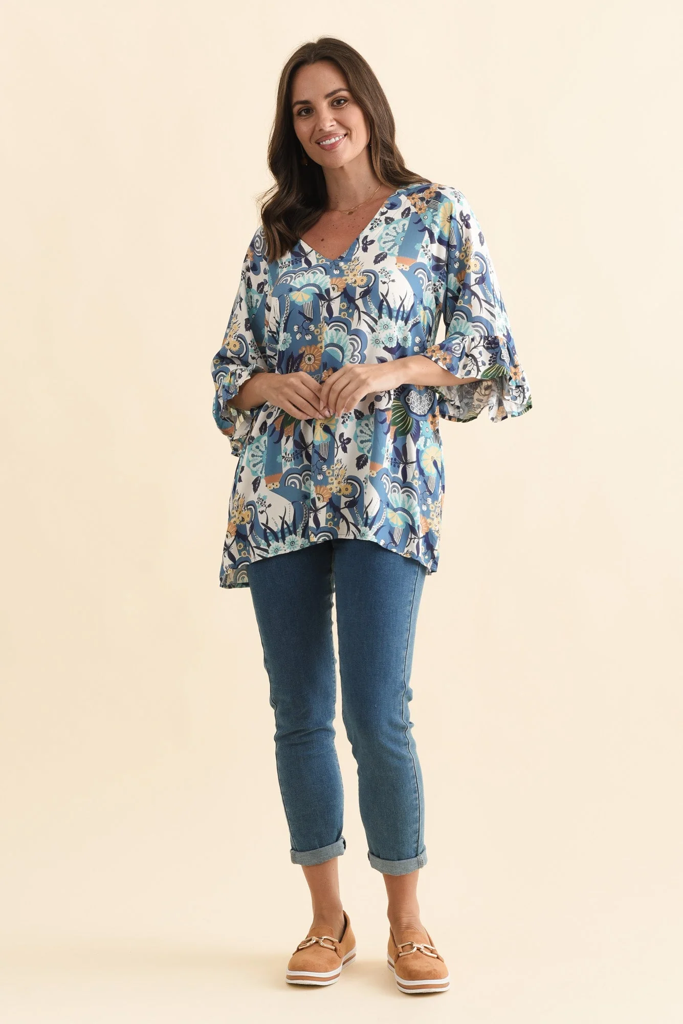 Diona Blue Floral Frill Sleeve Top - Image 6