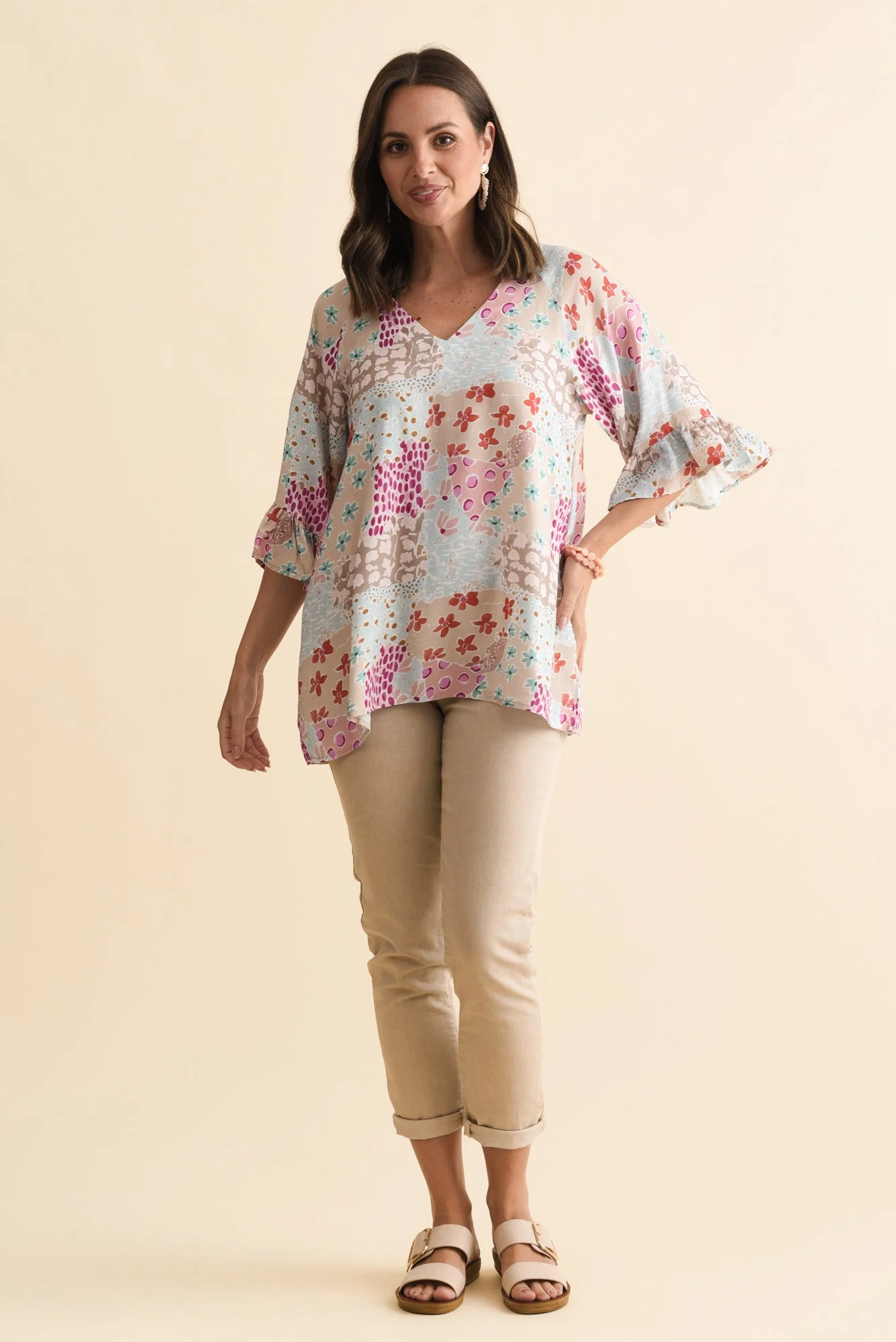 Diona Blue Mosaic Frill Sleeve Top - Image 6