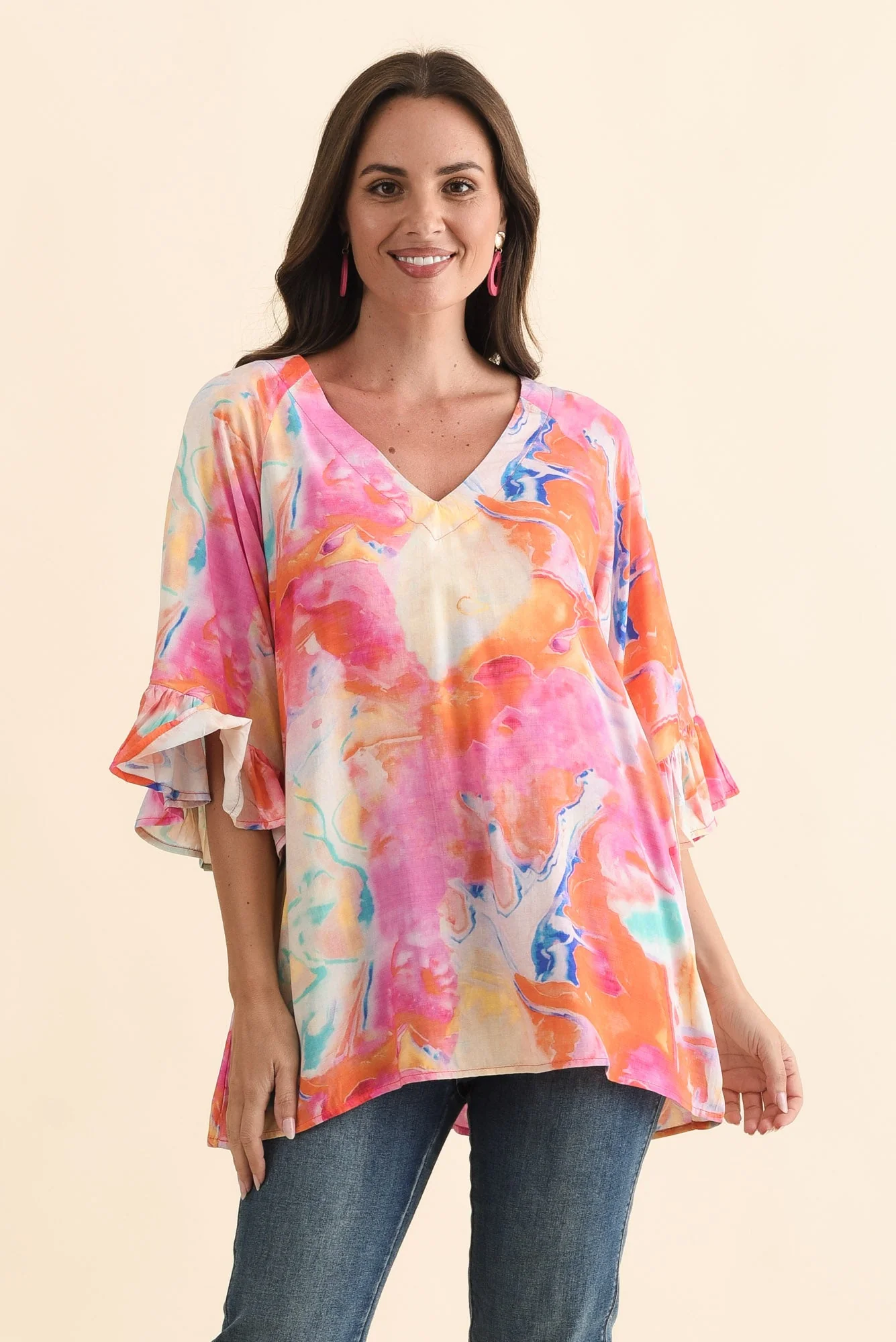 Diona Pink Watercolour Frill Sleeve Top