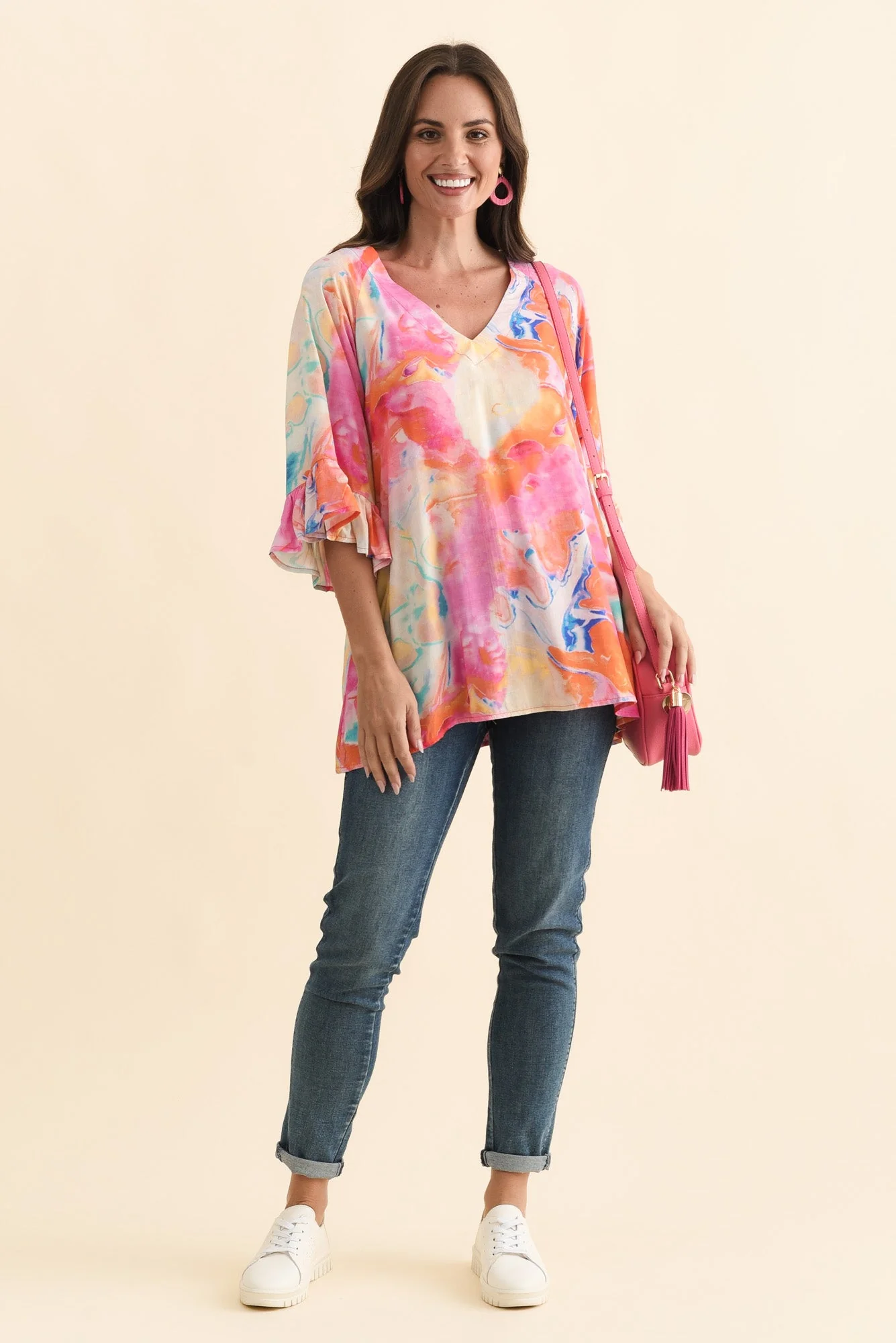 Diona Pink Watercolour Frill Sleeve Top - Image 2