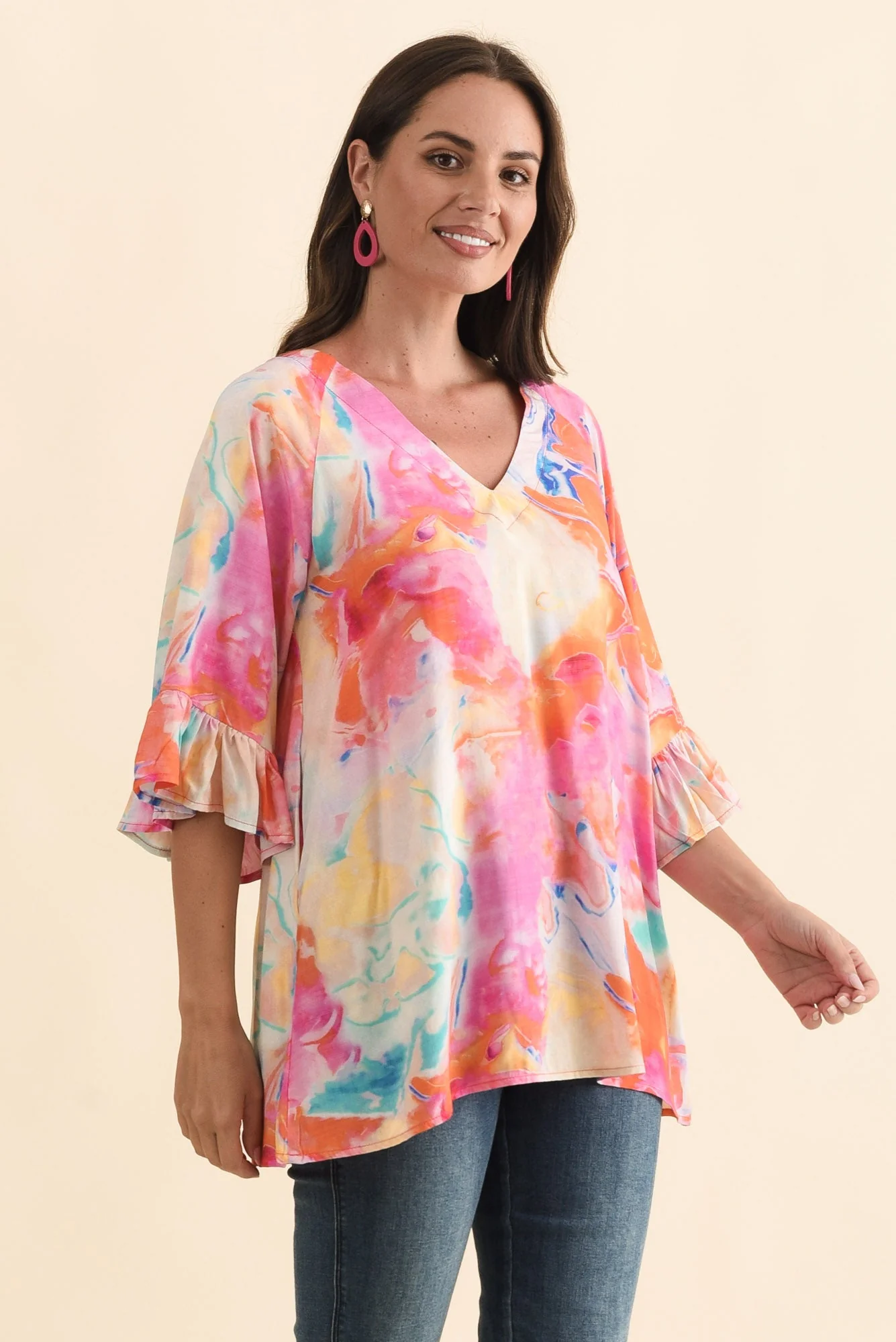 Diona Pink Watercolour Frill Sleeve Top - Image 3