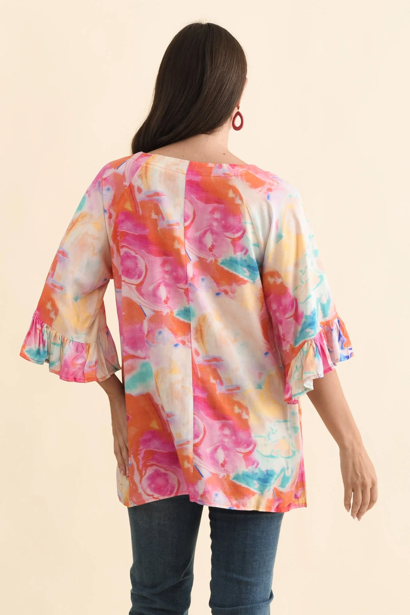 Diona Pink Watercolour Frill Sleeve Top - Image 4