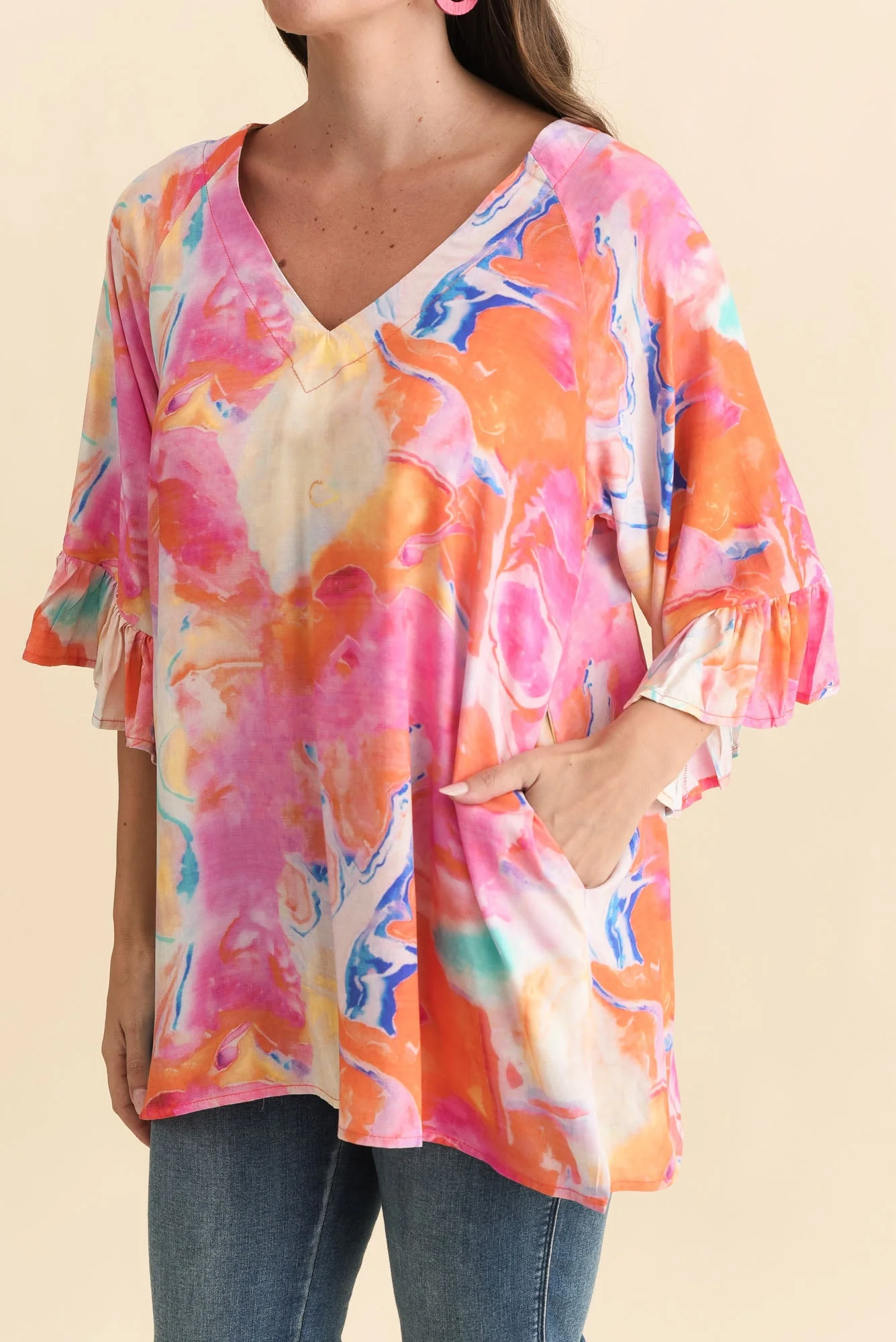 Diona Pink Watercolour Frill Sleeve Top - Image 5