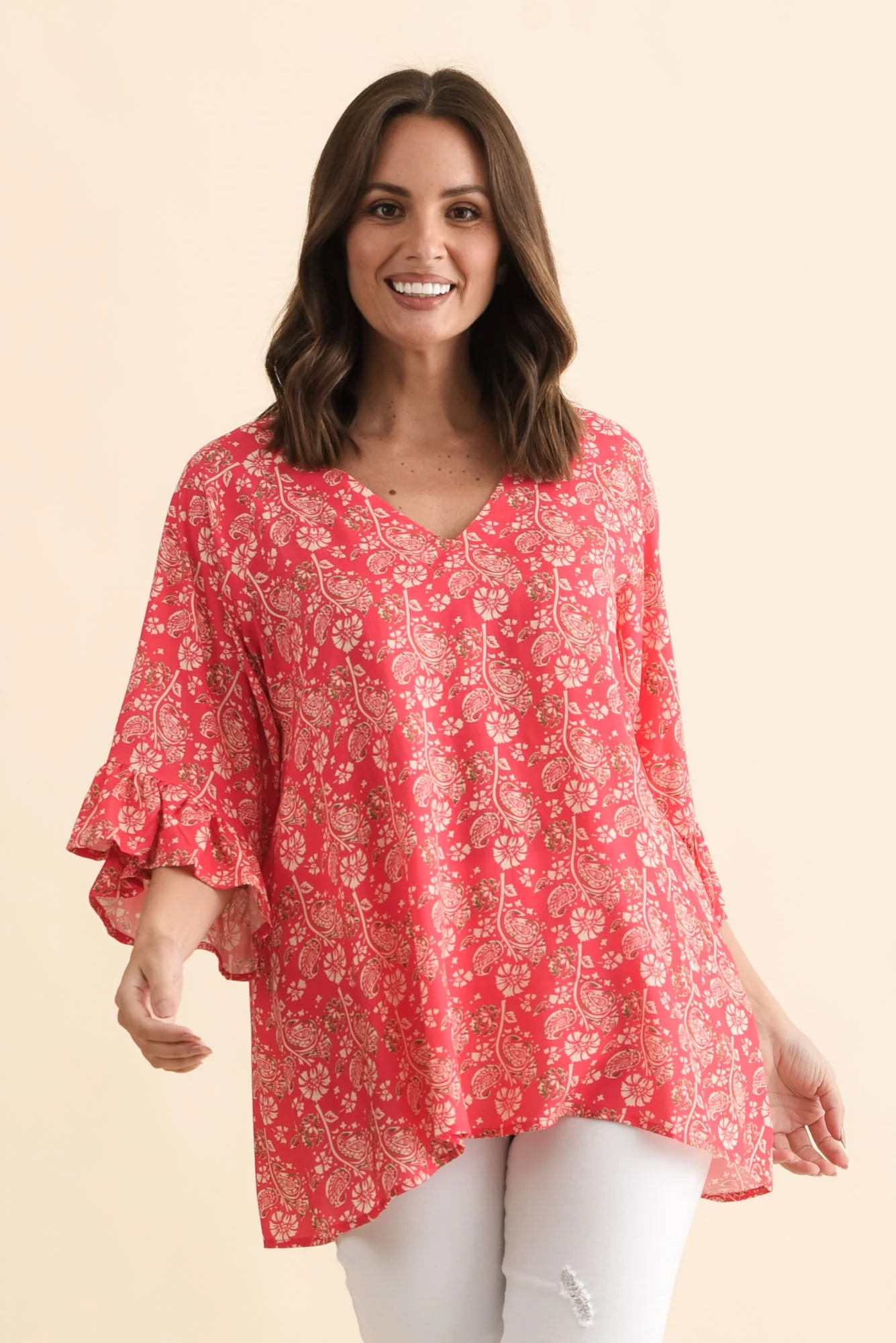 Diona Red Flower Frill Sleeve Top