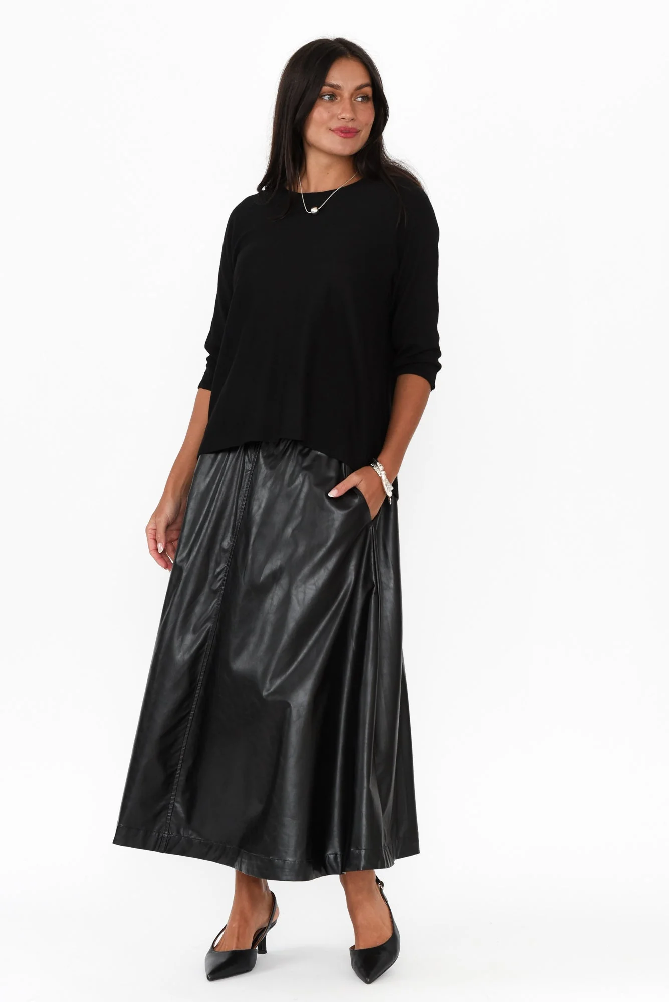 Donica Black Faux Leather Midi Skirt - Image 6