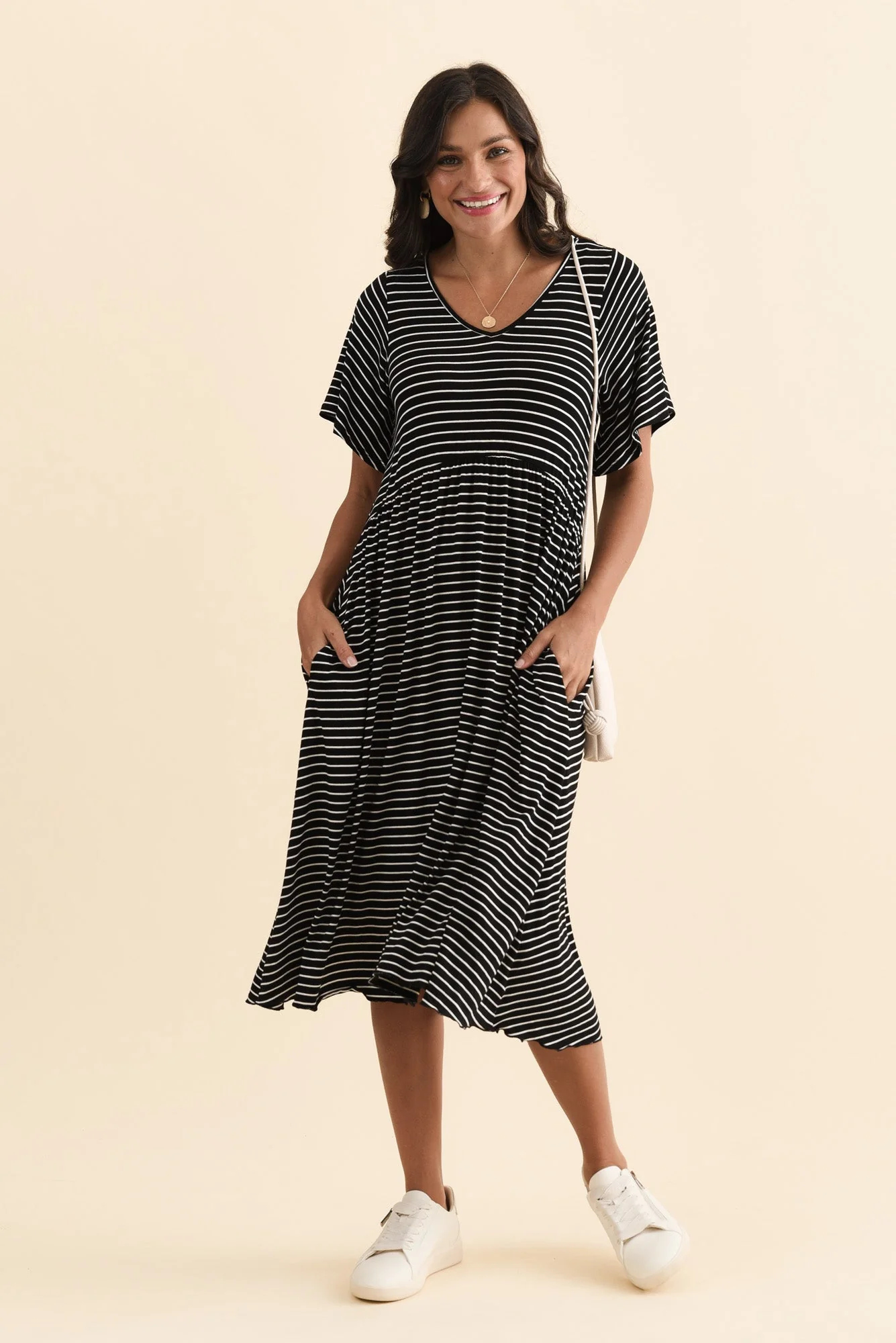 Donna Black Stripe Gathered Dress